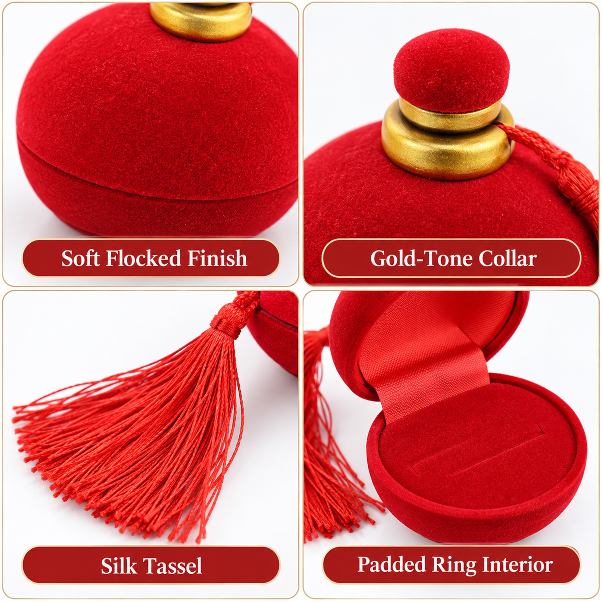 Traditional Perfume-Bottle-Style Flocked Ring Box With Tassel product construction details