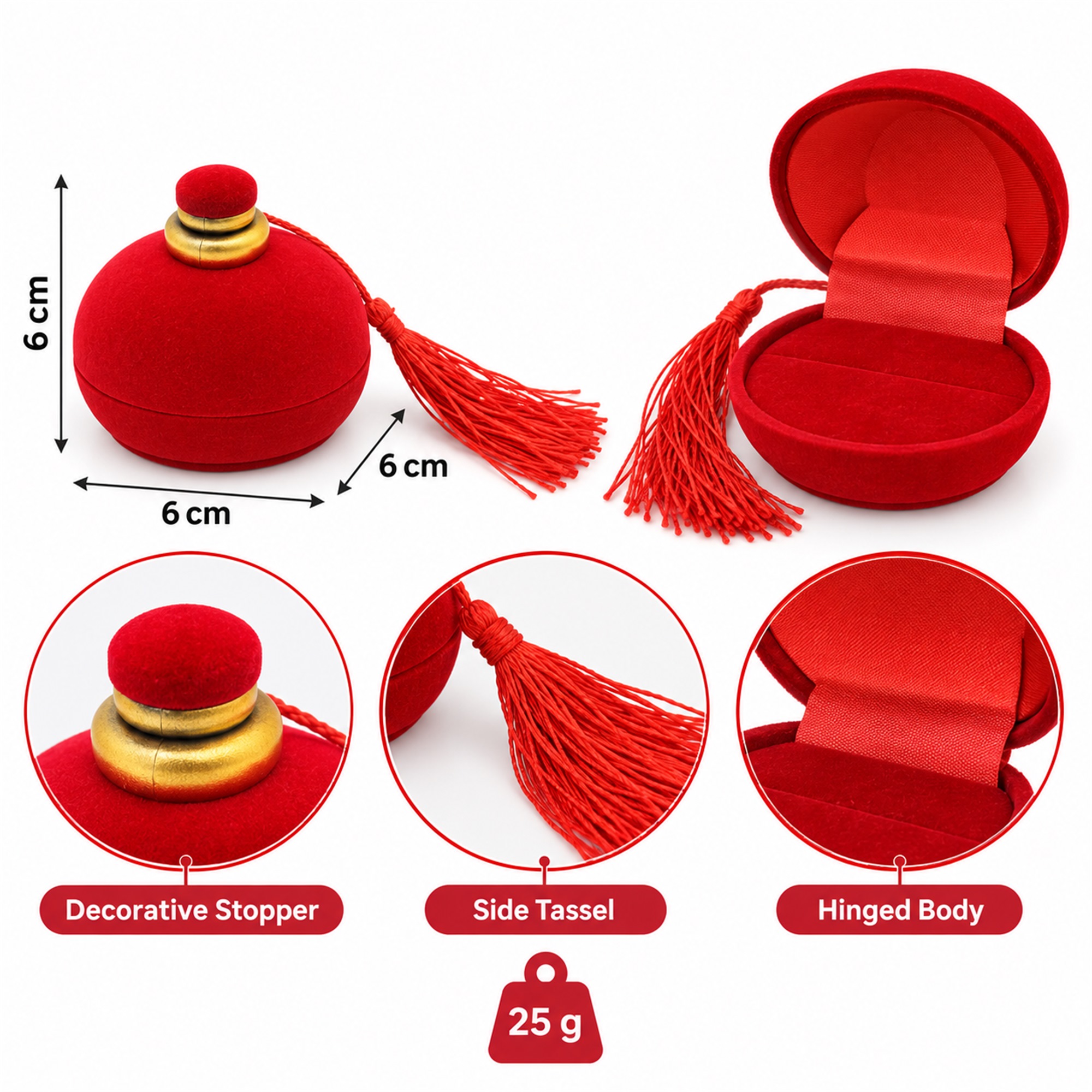 Traditional Perfume-Bottle-Style Flocked Ring Box With Tassel size and structure