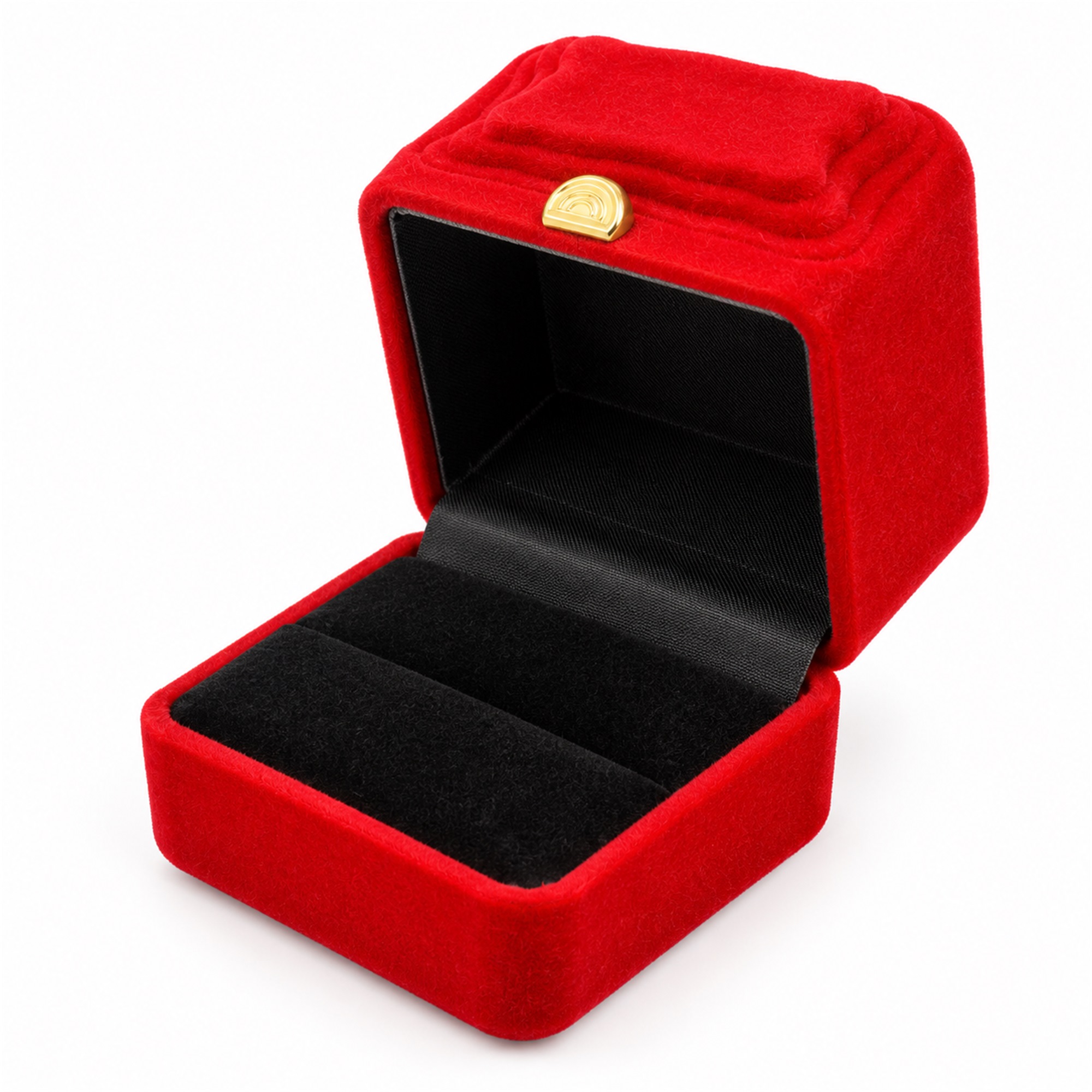 Red Flocked Square Ring Box With Raised Cushion Top front product view