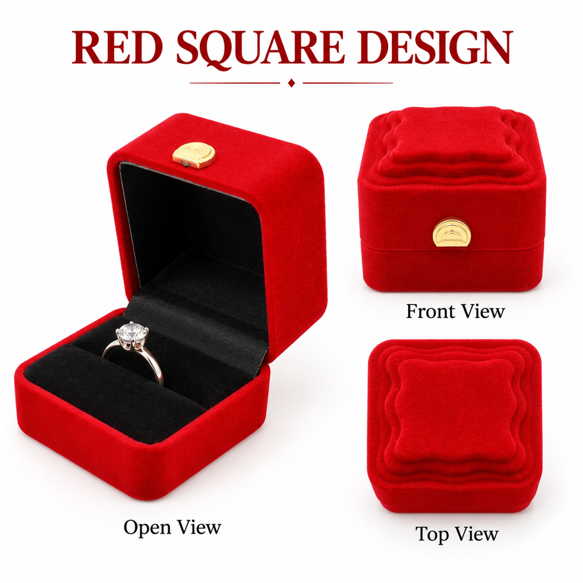 Red Flocked Square Ring Box With Raised Cushion Top available styles and colors