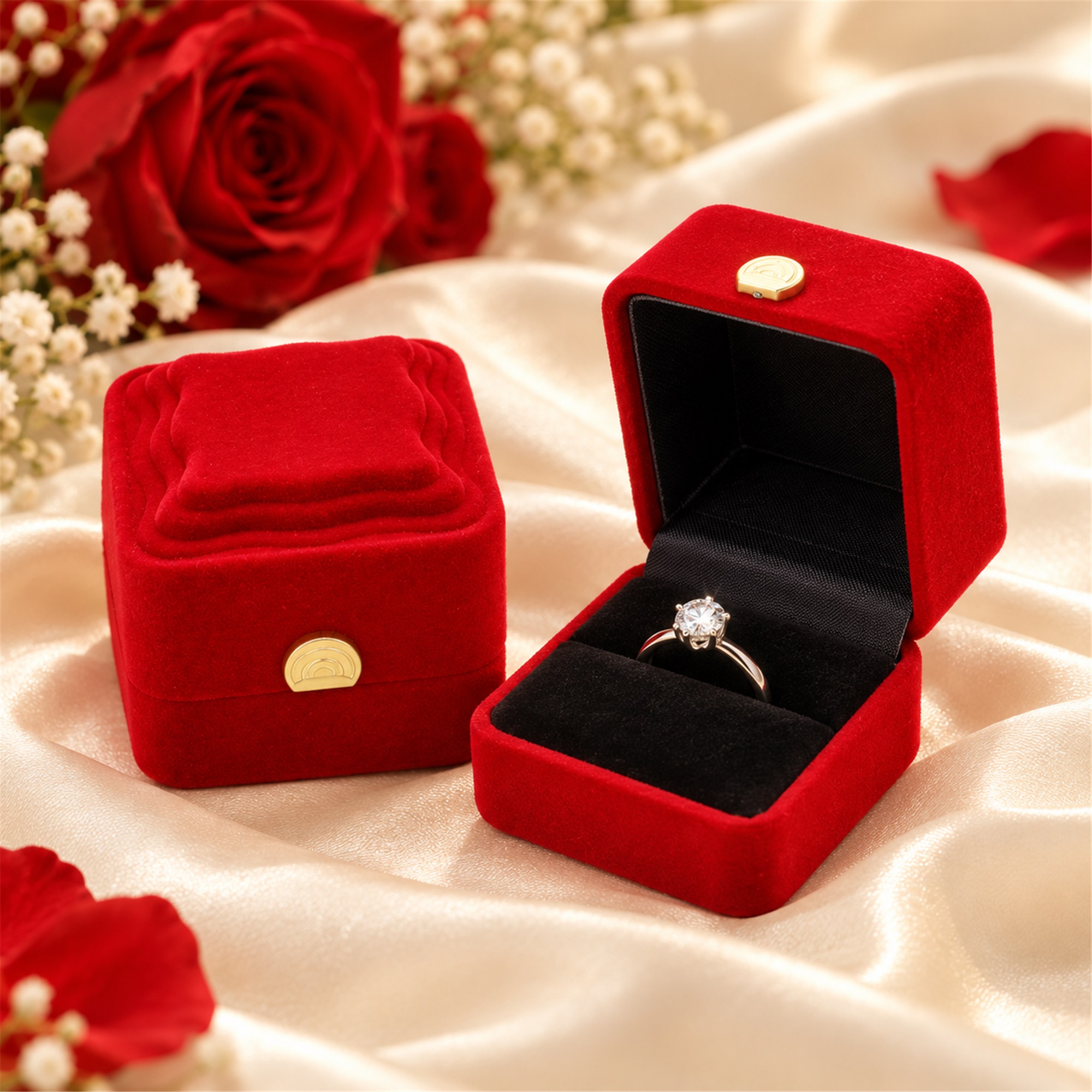 Red Flocked Square Ring Box With Raised Cushion Top lifestyle application