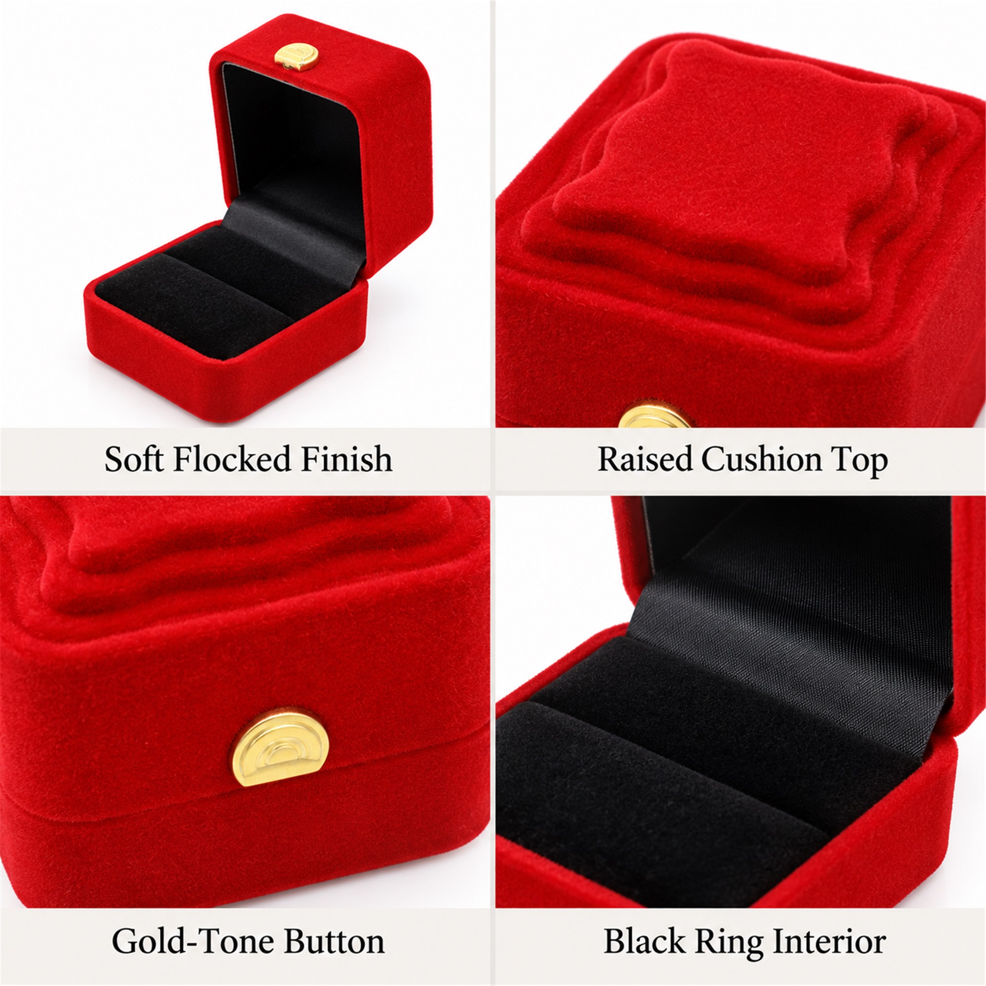Red Flocked Square Ring Box With Raised Cushion Top product construction details