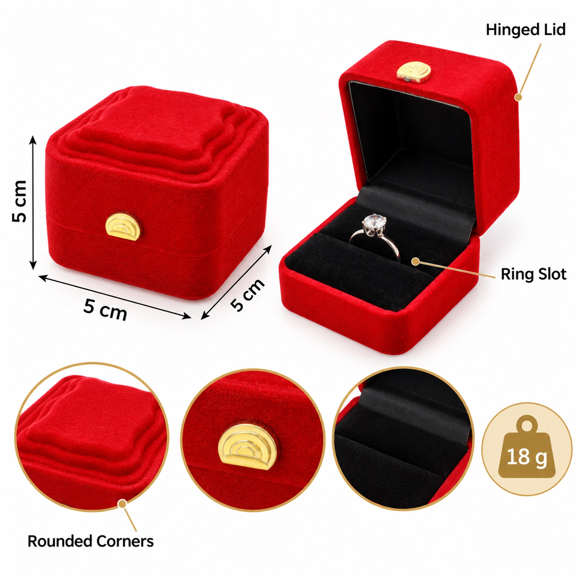 Red Flocked Square Ring Box With Raised Cushion Top size and structure