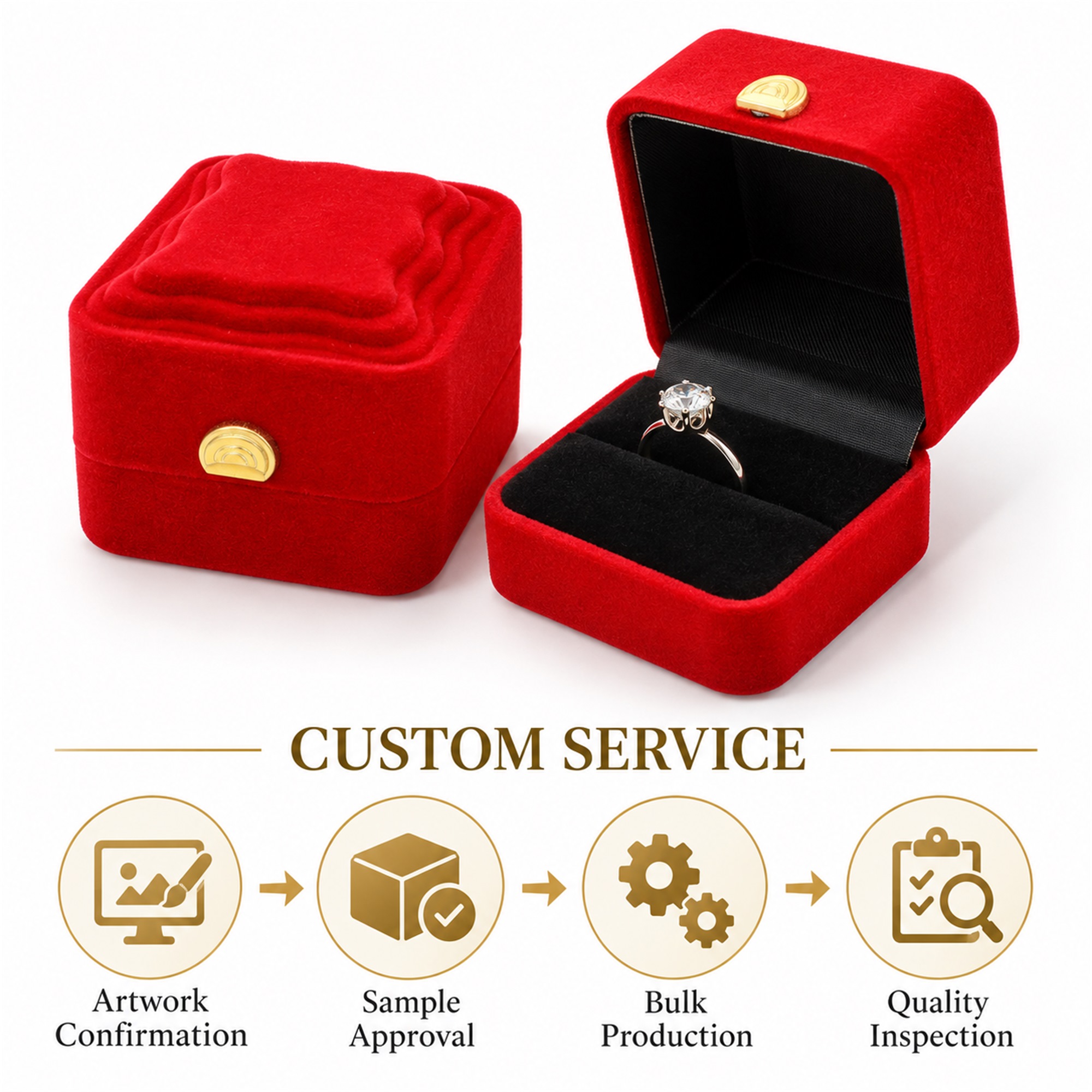 Red Flocked Square Ring Box With Raised Cushion Top additional product views