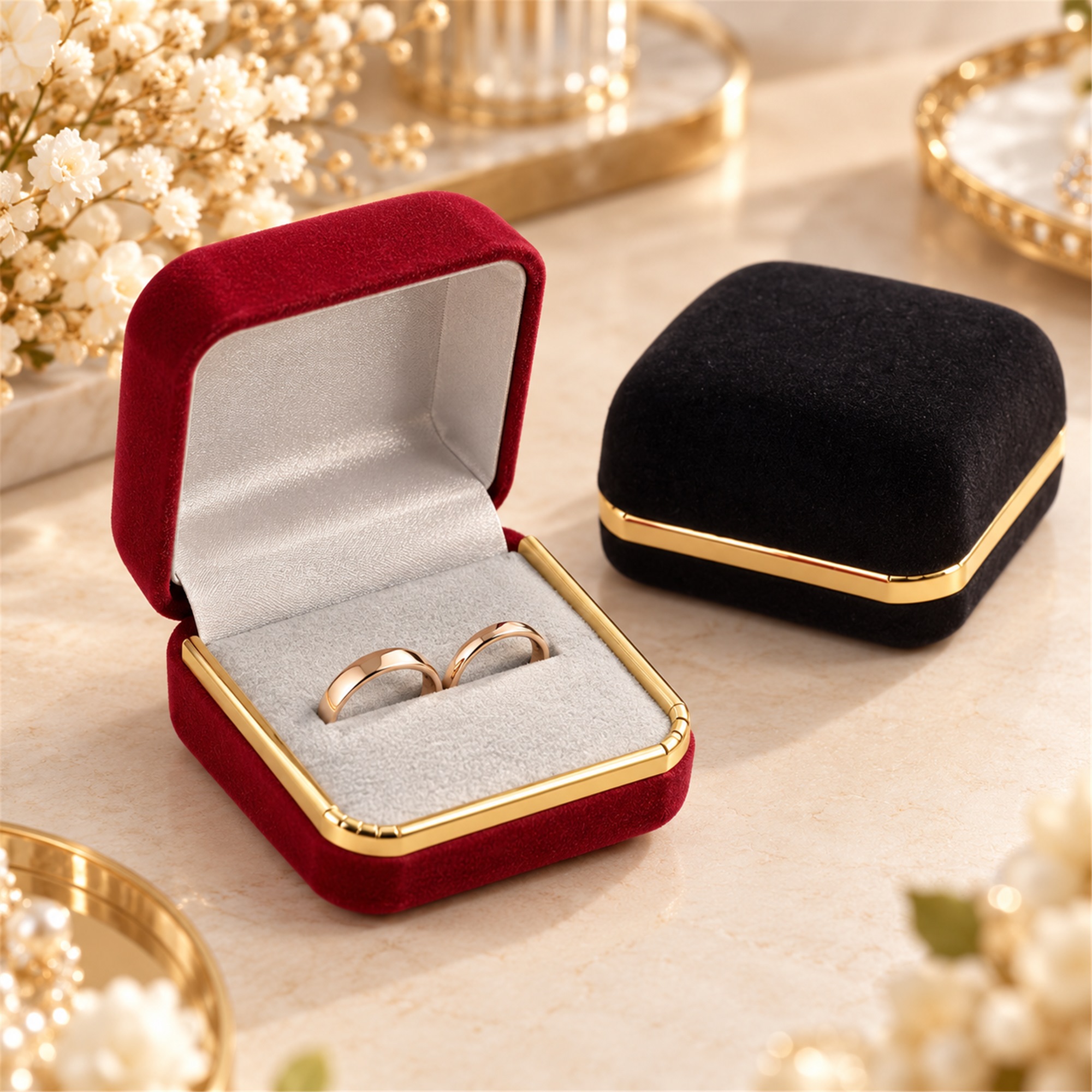 Gold-Edged Flocked Multi-Jewelry Box For Pair Rings And Small Pieces lifestyle application