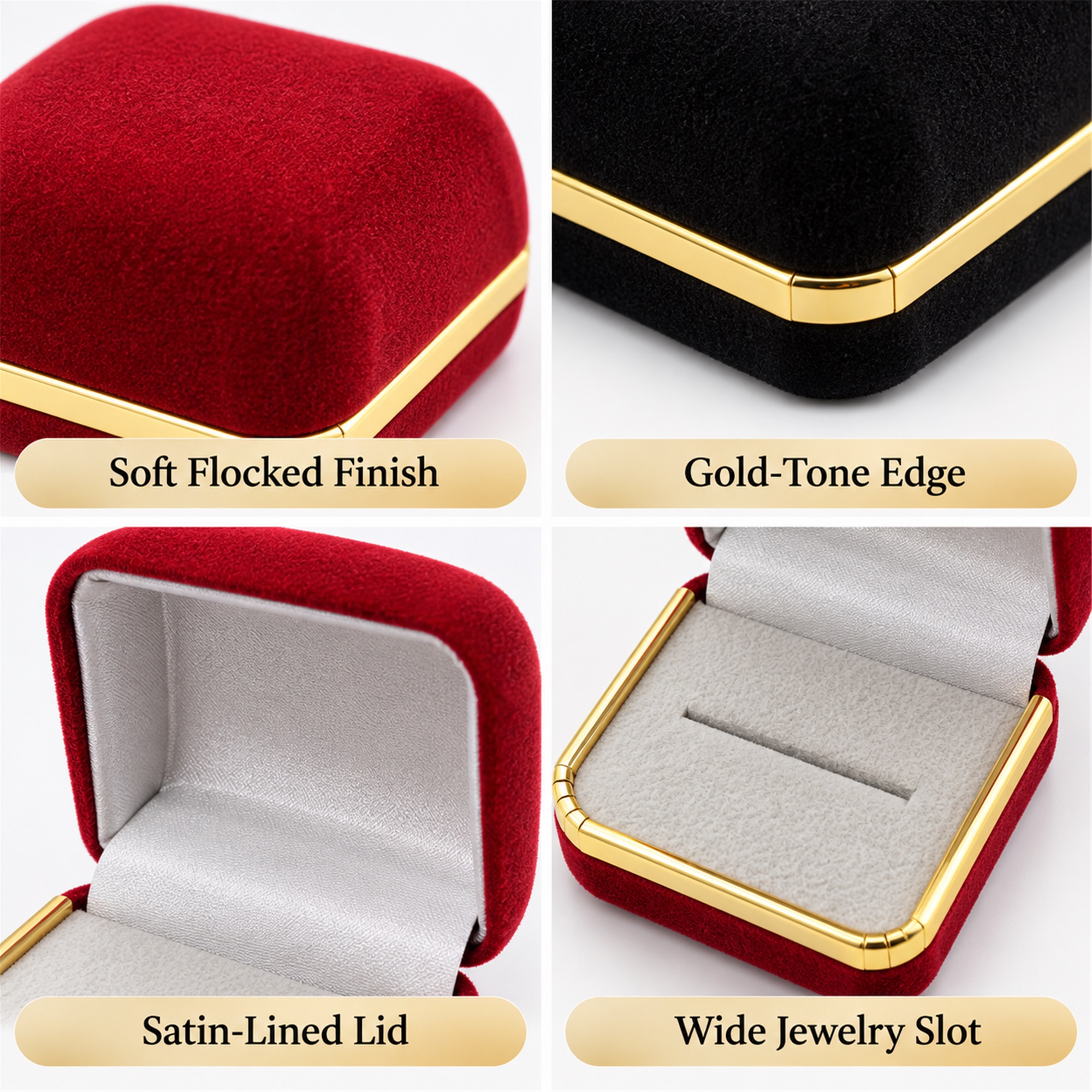 Gold-Edged Flocked Multi-Jewelry Box For Pair Rings And Small Pieces product construction details