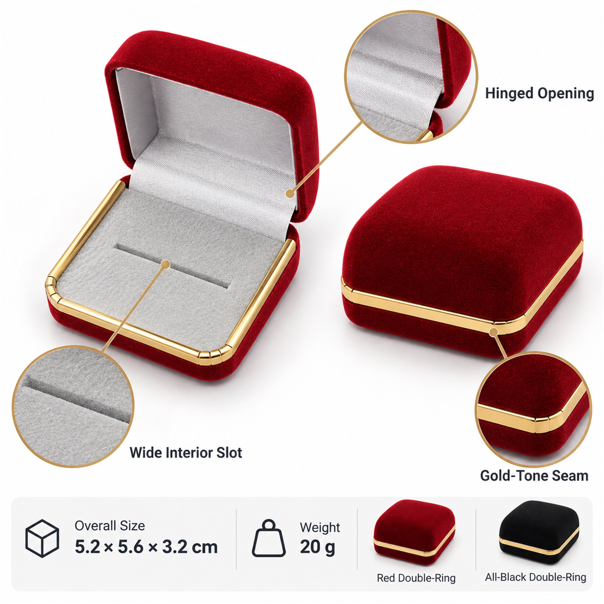 Gold-Edged Flocked Multi-Jewelry Box For Pair Rings And Small Pieces size and structure