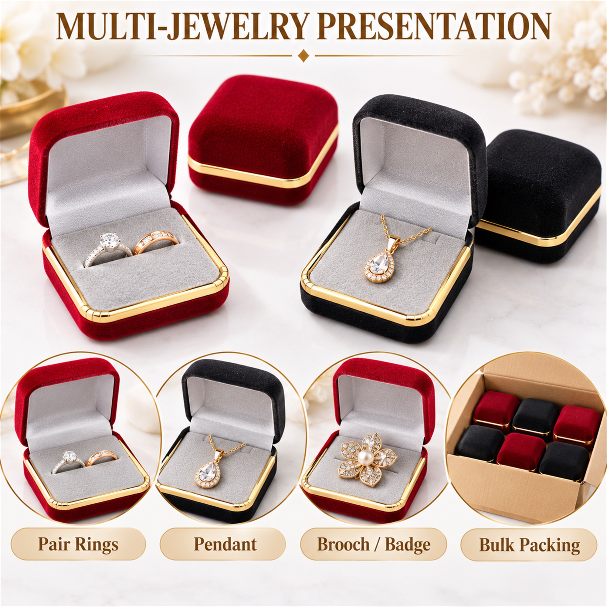Gold-Edged Flocked Multi-Jewelry Box For Pair Rings And Small Pieces additional product views