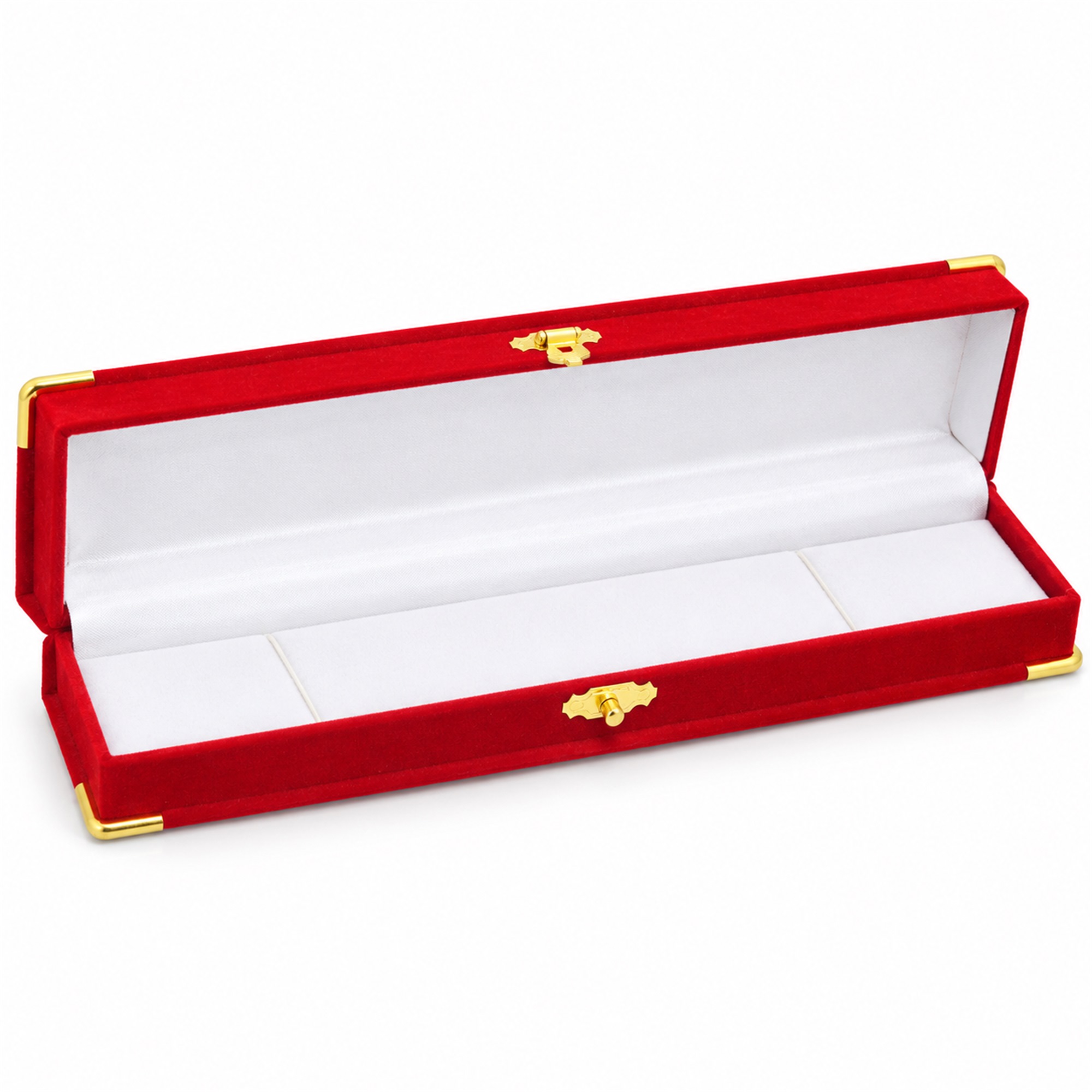 Red Flocked Long Necklace Case With Gold Corner Protectors front product view