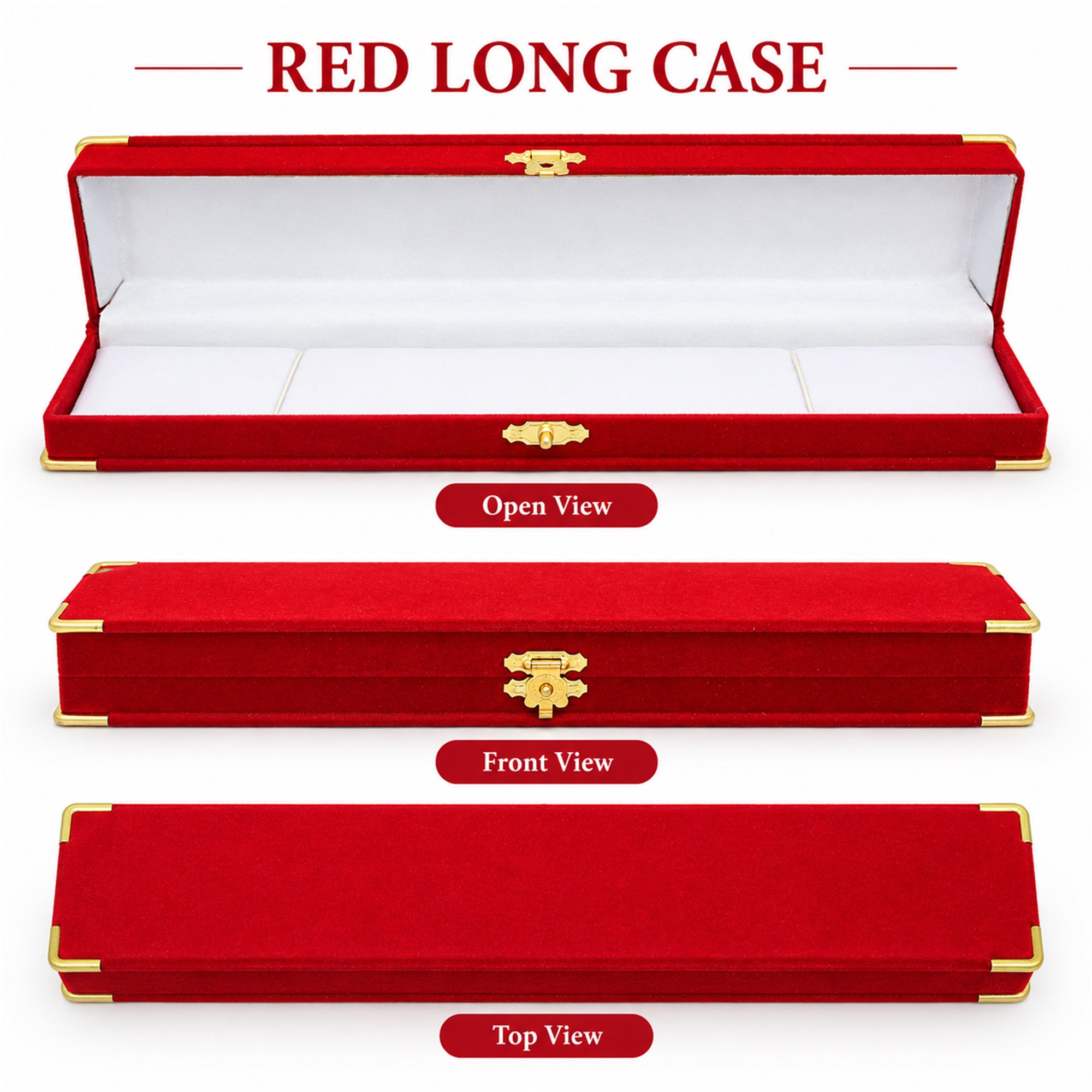 Red Flocked Long Necklace Case With Gold Corner Protectors available styles and colors