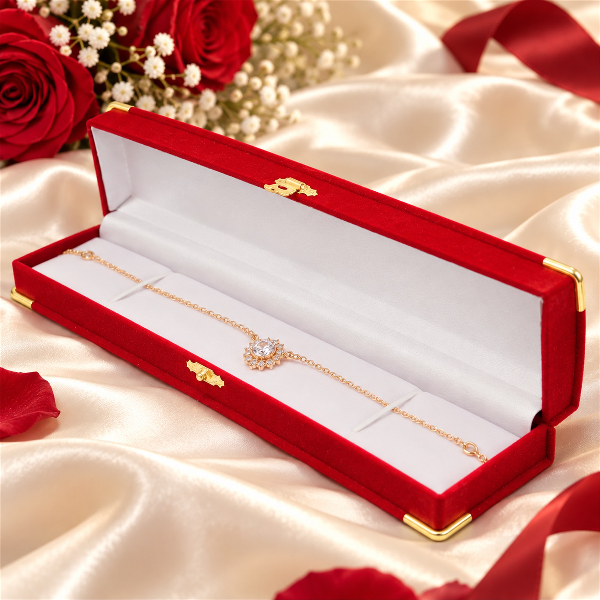 Red Flocked Long Necklace Case With Gold Corner Protectors lifestyle application