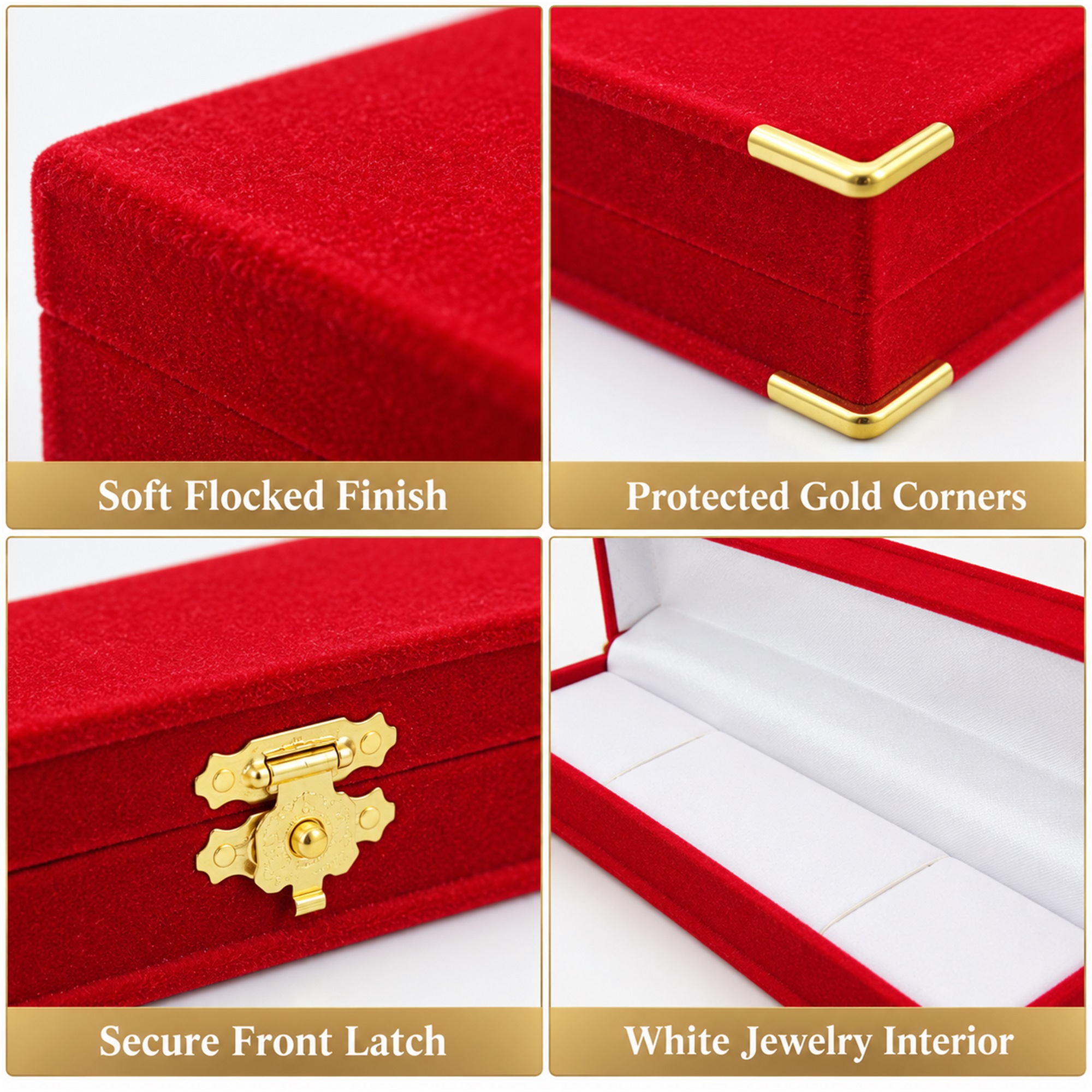 Red Flocked Long Necklace Case With Gold Corner Protectors product construction details