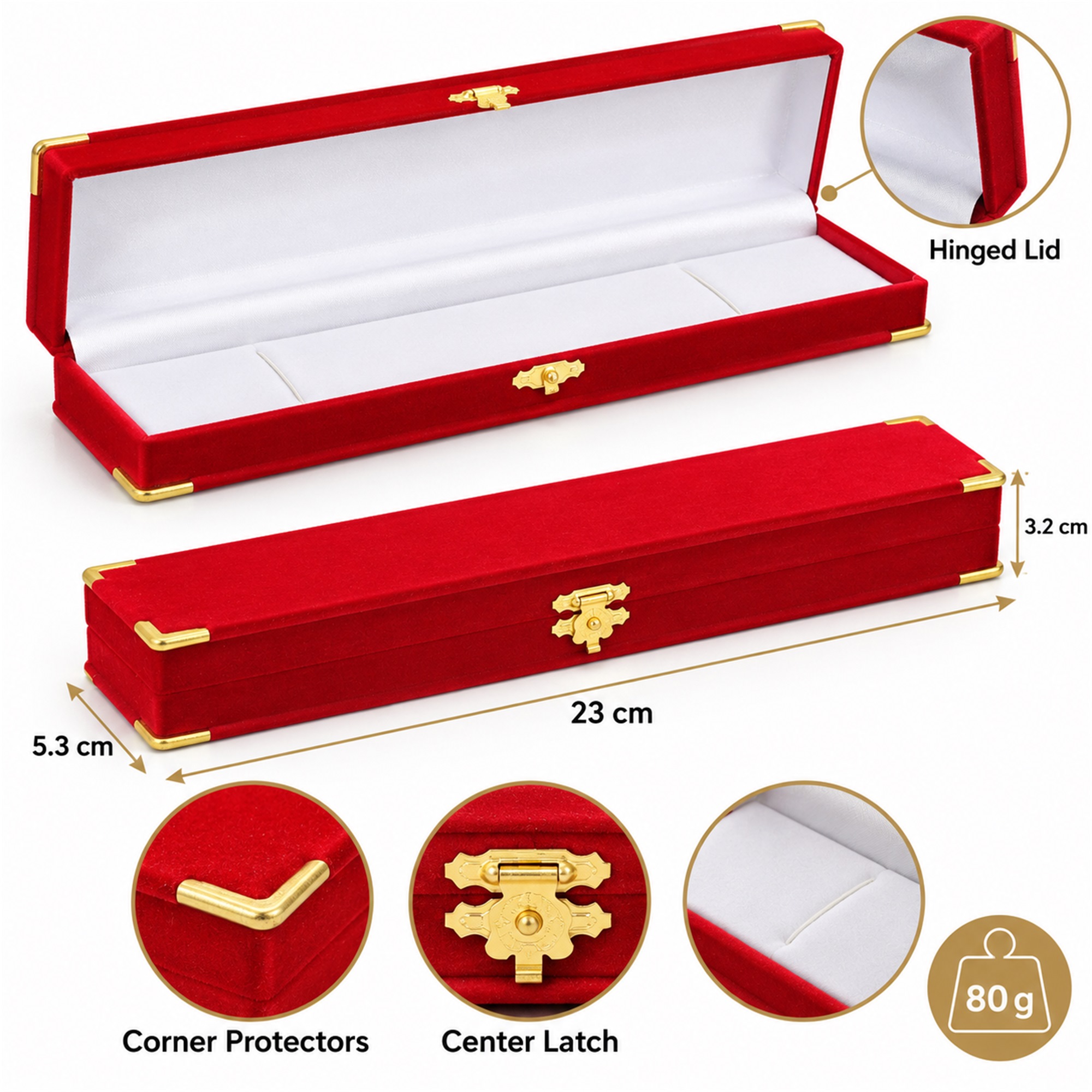 Red Flocked Long Necklace Case With Gold Corner Protectors size and structure