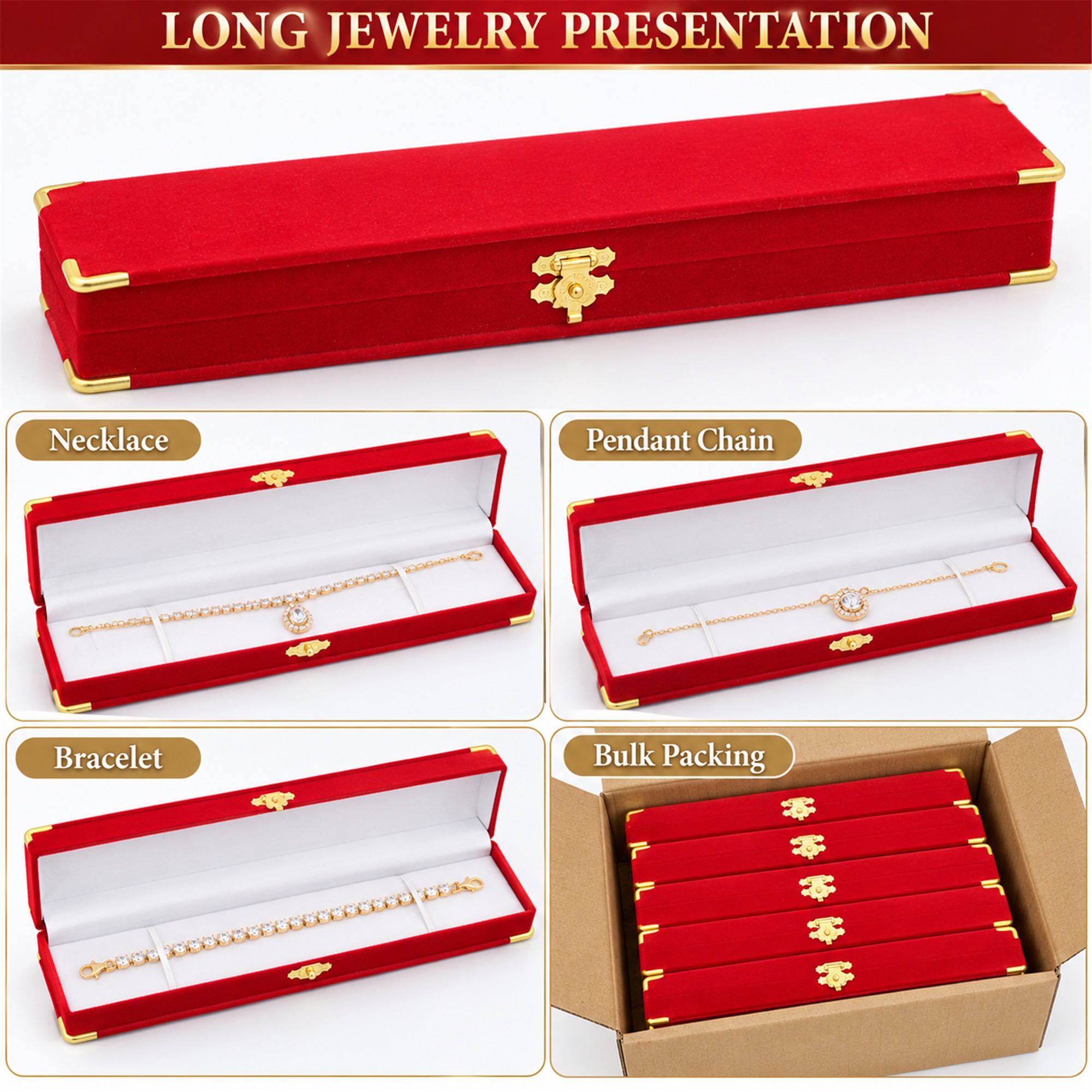 Red Flocked Long Necklace Case With Gold Corner Protectors additional product views