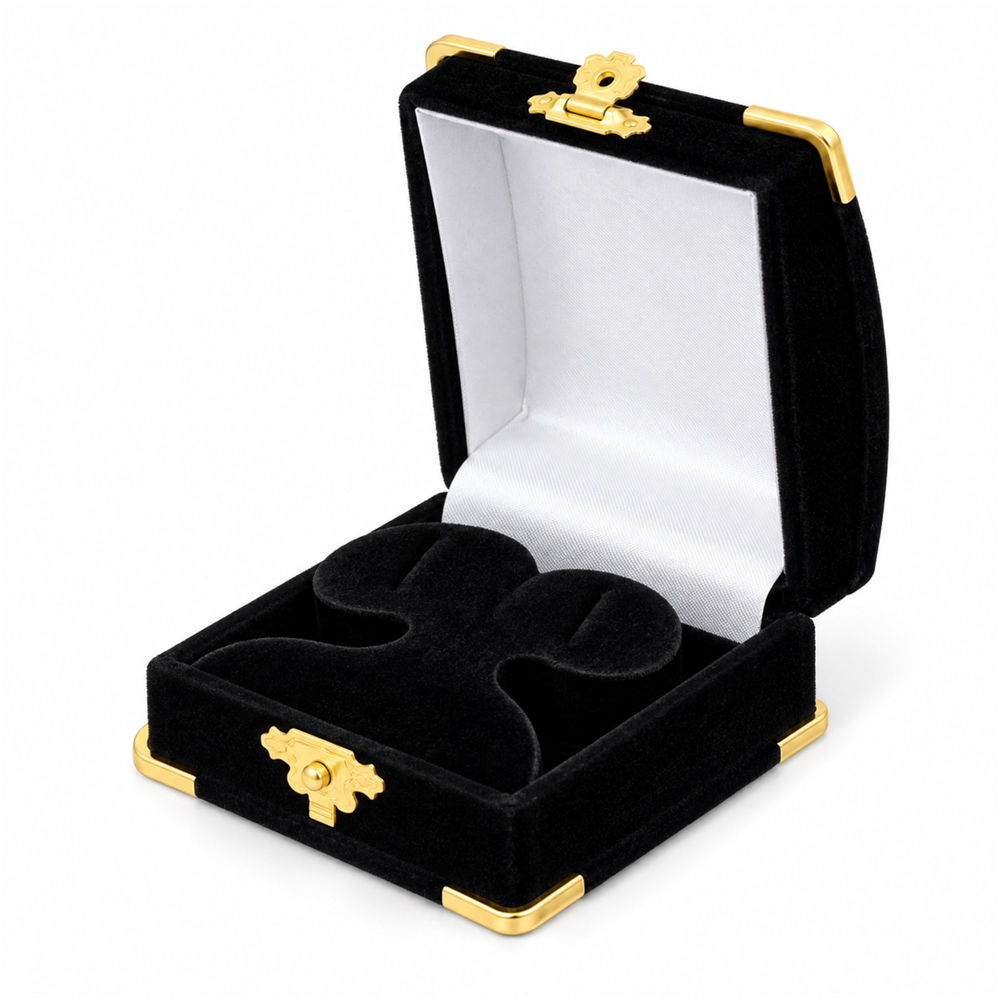 Custom Black And Red Flocked Double-Ring Jewelry Presentation Box With Gold-Tone Hardware front product view