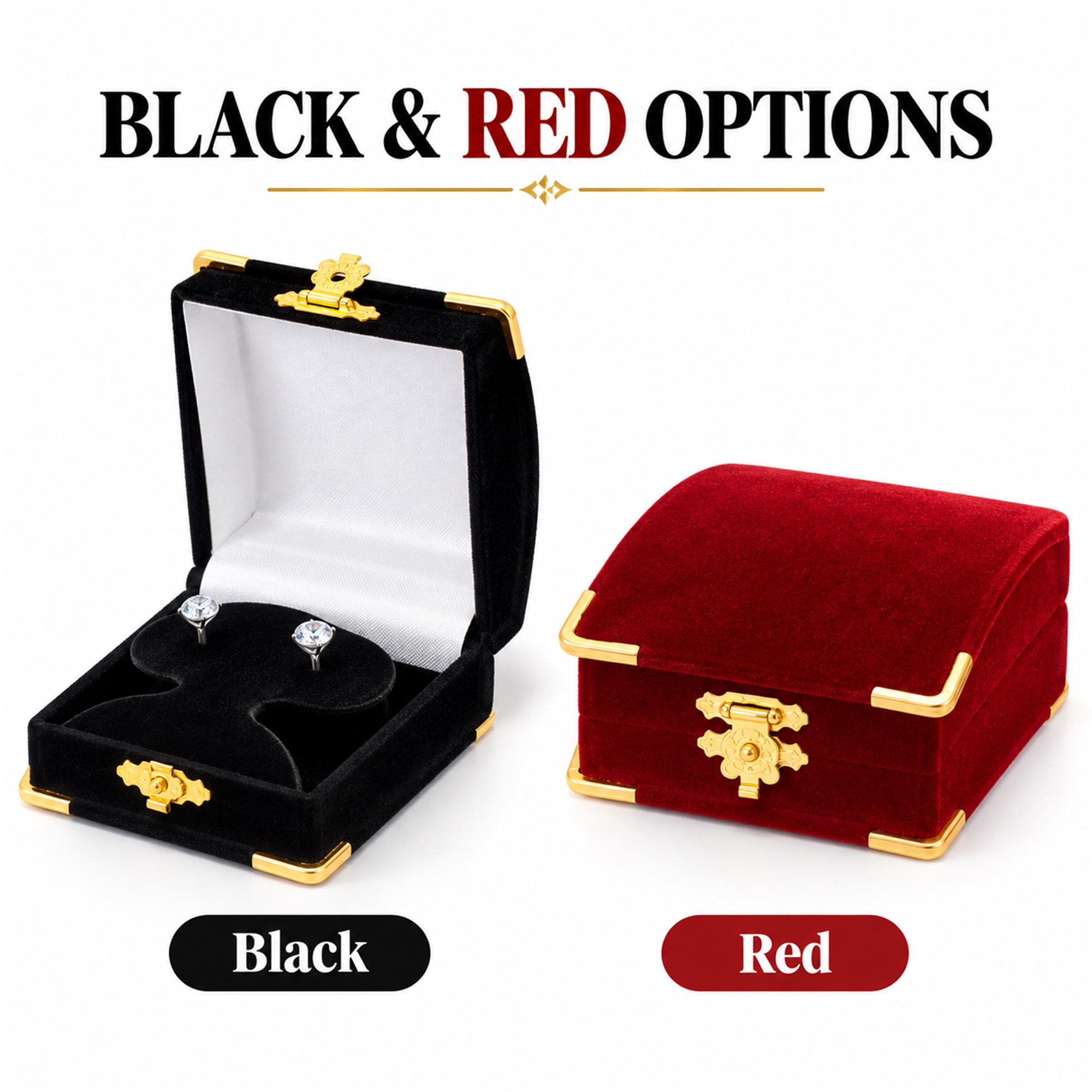 Custom Black And Red Flocked Double-Ring Jewelry Presentation Box With Gold-Tone Hardware available styles and colors