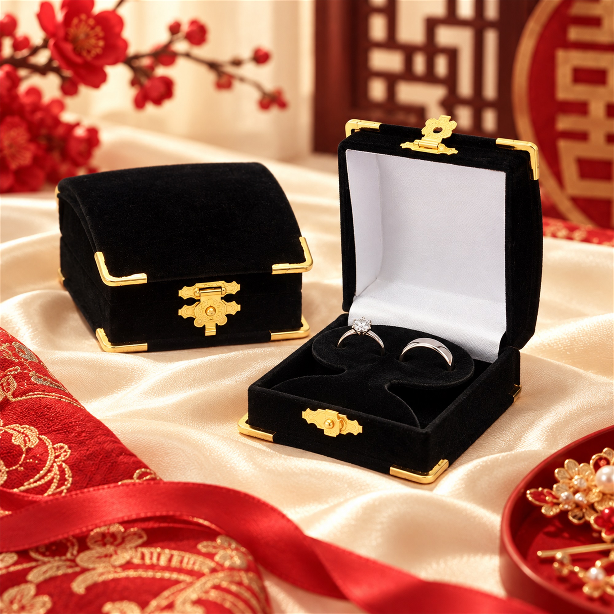 Custom Black And Red Flocked Double-Ring Jewelry Presentation Box With Gold-Tone Hardware lifestyle application