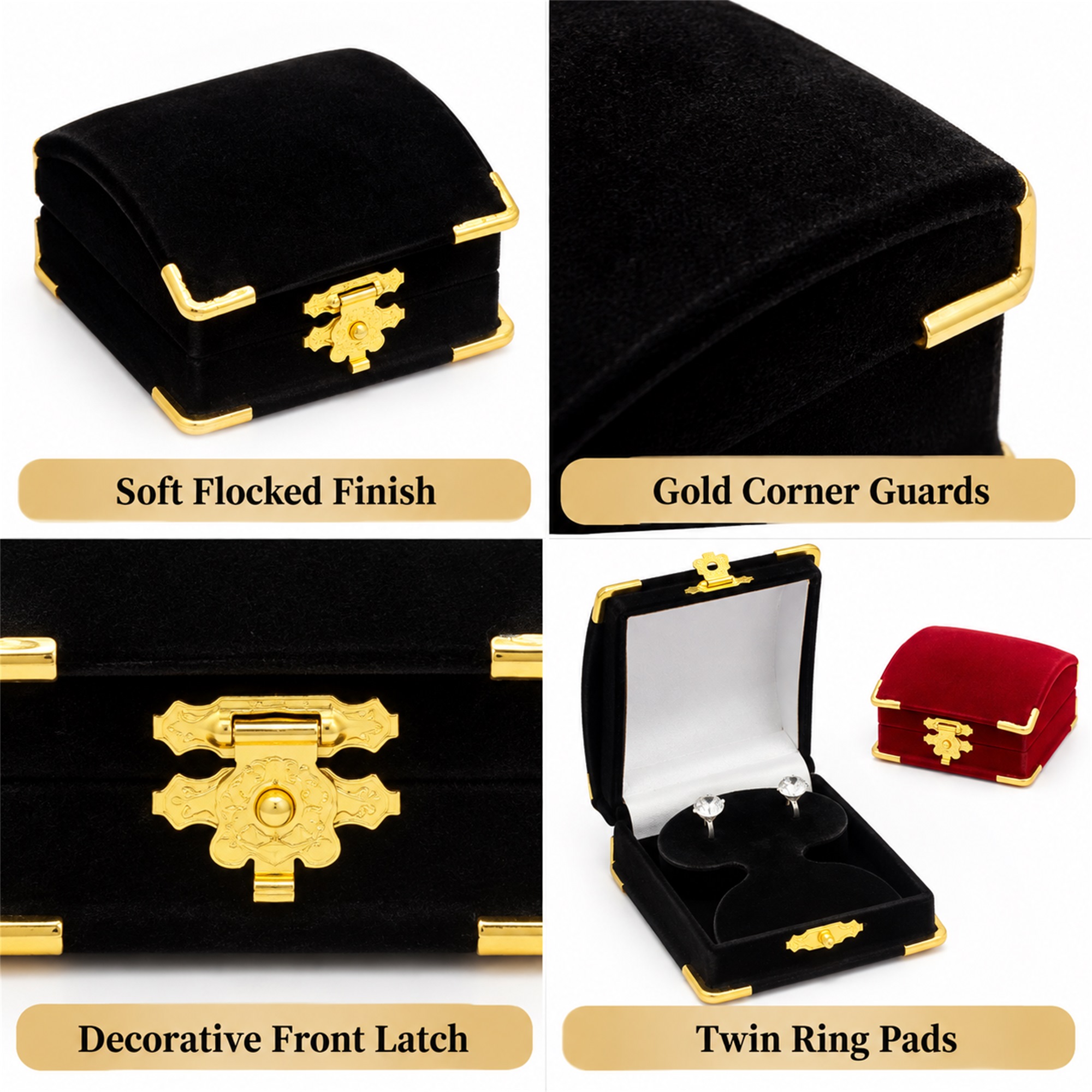 Custom Black And Red Flocked Double-Ring Jewelry Presentation Box With Gold-Tone Hardware product construction details