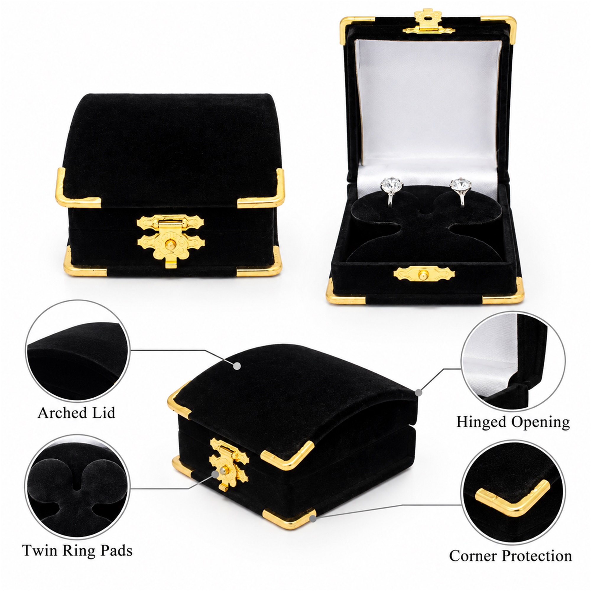 Custom Black And Red Flocked Double-Ring Jewelry Presentation Box With Gold-Tone Hardware size and structure
