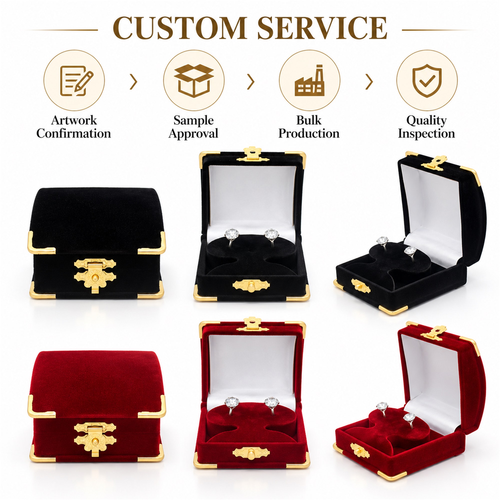 Custom Black And Red Flocked Double-Ring Jewelry Presentation Box With Gold-Tone Hardware custom logo option
