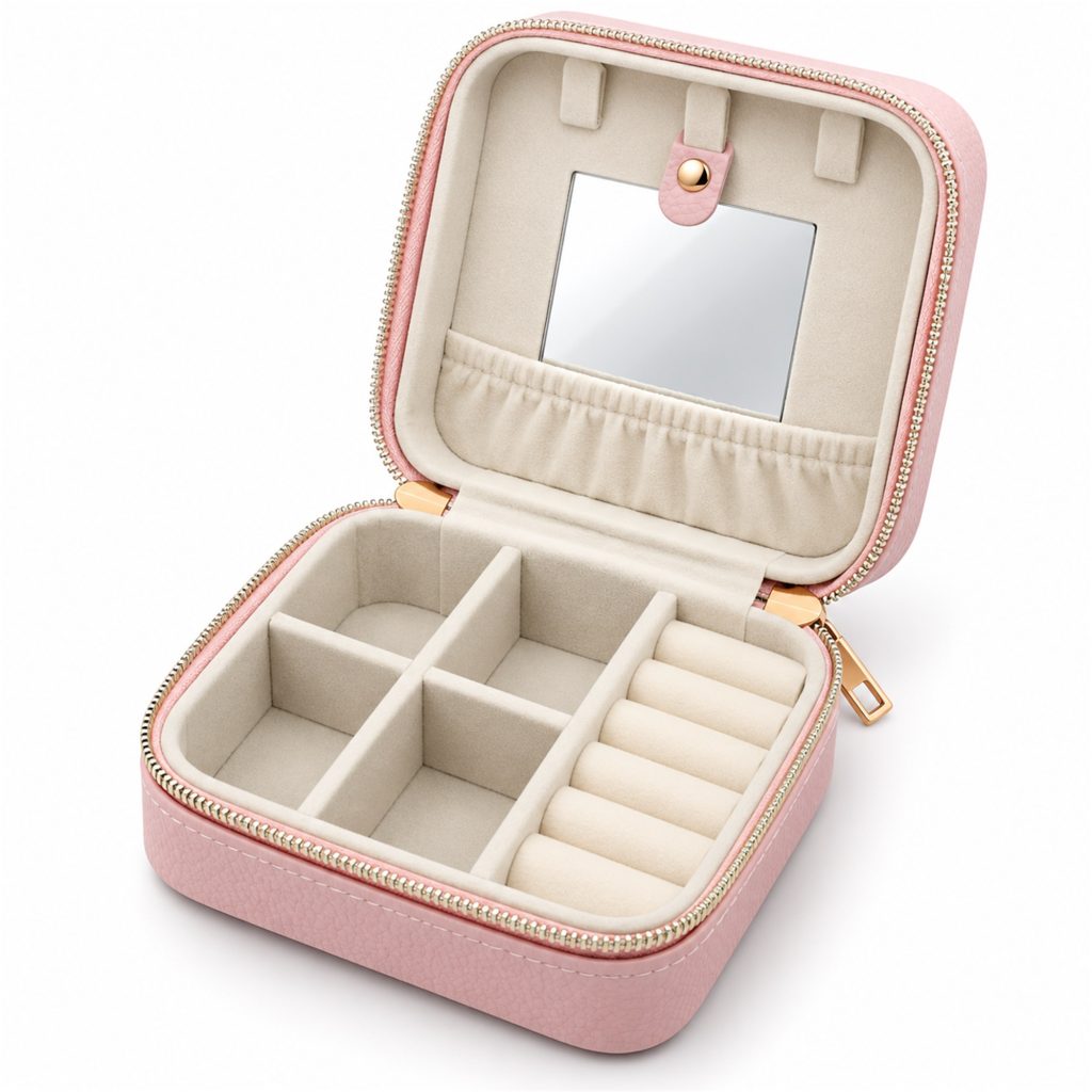 Pale-Pink Zippered Travel Jewelry Organizer With Mirror Jewelry Box front product view