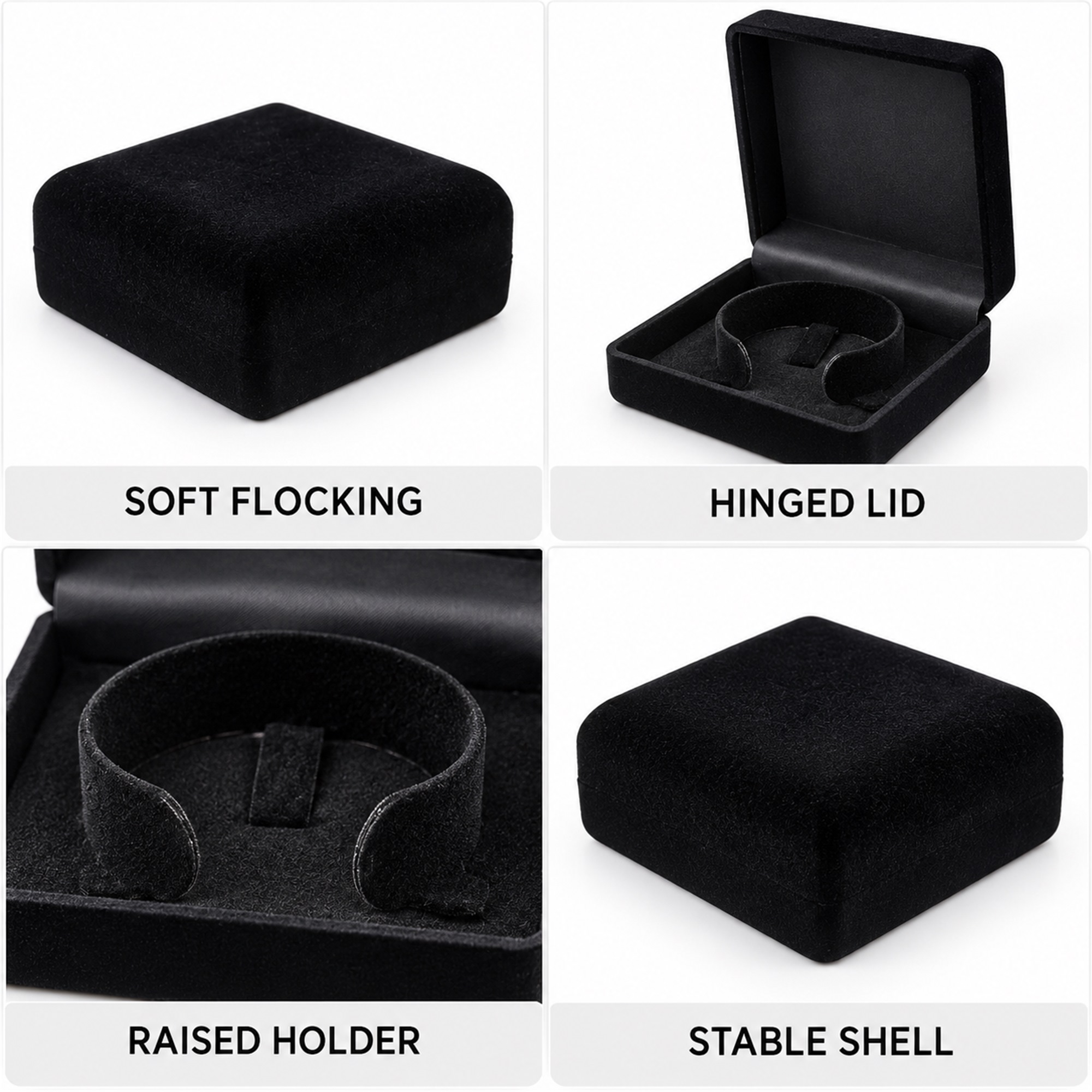 Custom Black Flocked Bracelet, Watch And Large-Jewelry Presentation Box product construction details