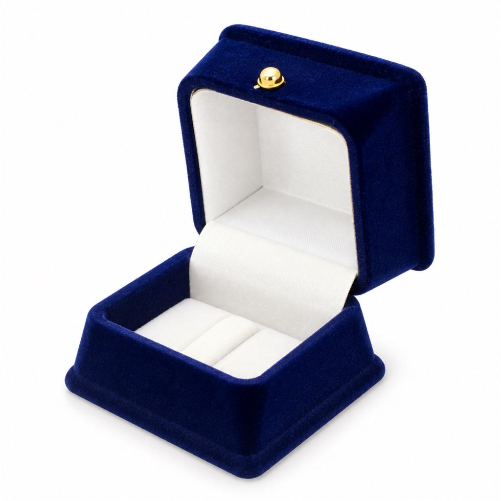 Custom Deep-Blue Flocked Ring Presentation Box With White Satin Interior front product view