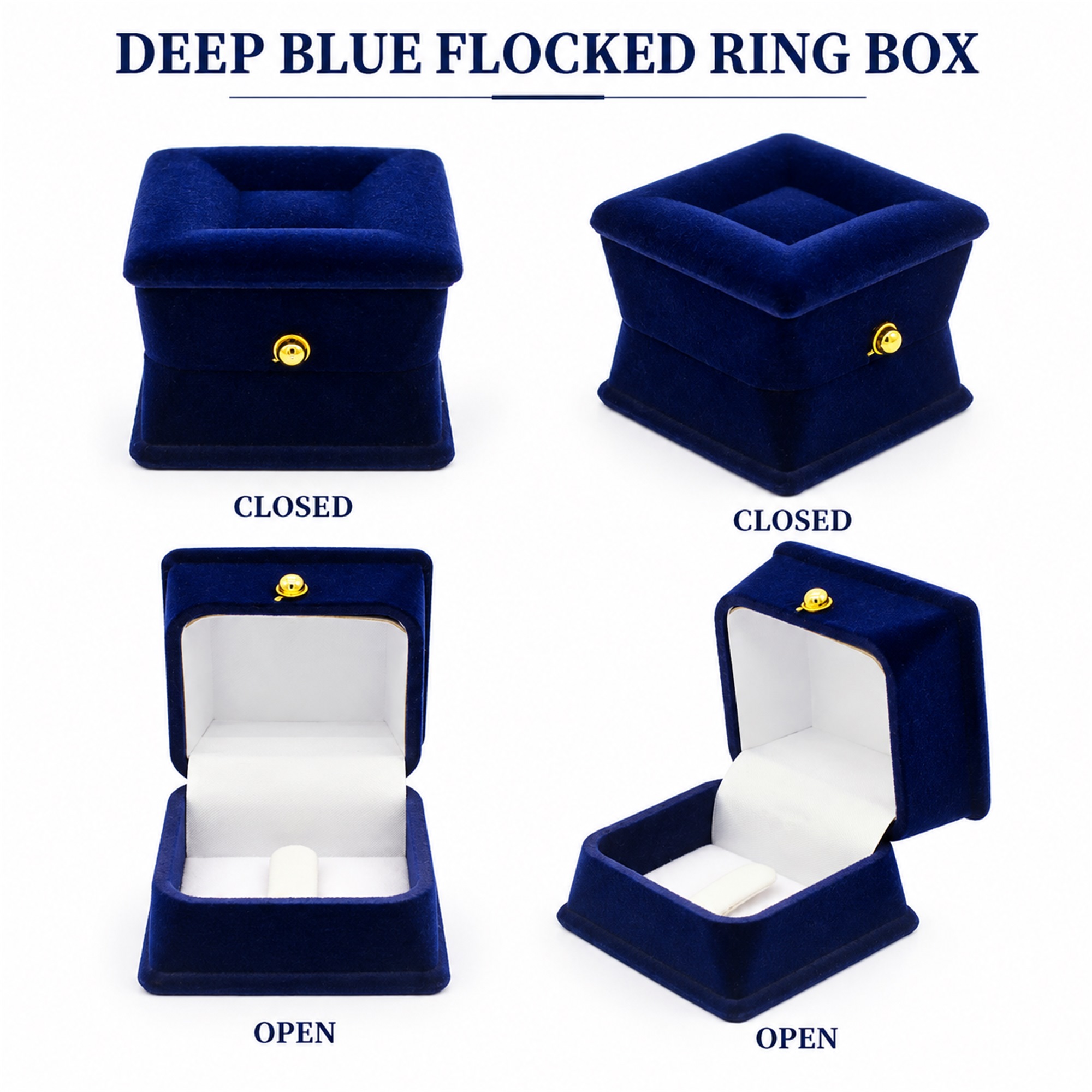 Custom Deep-Blue Flocked Ring Presentation Box With White Satin Interior available styles and colors