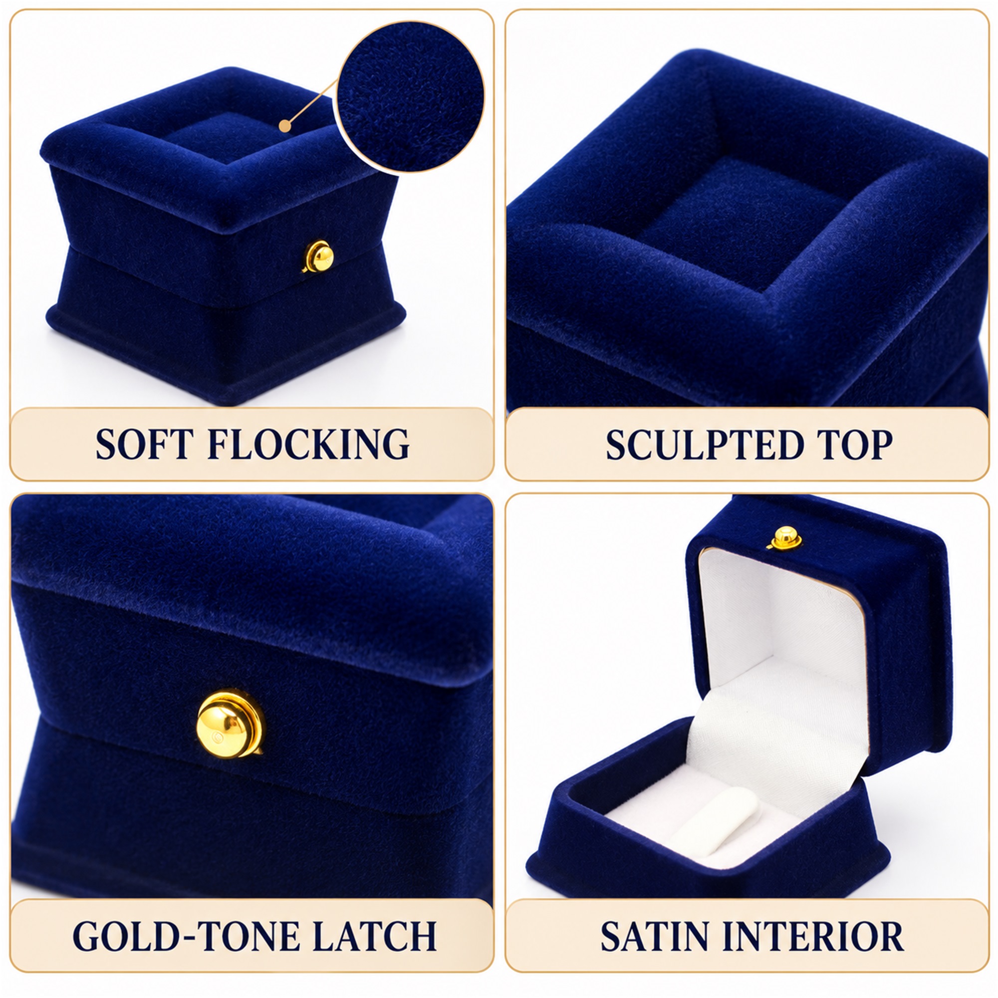 Custom Deep-Blue Flocked Ring Presentation Box With White Satin Interior lifestyle application