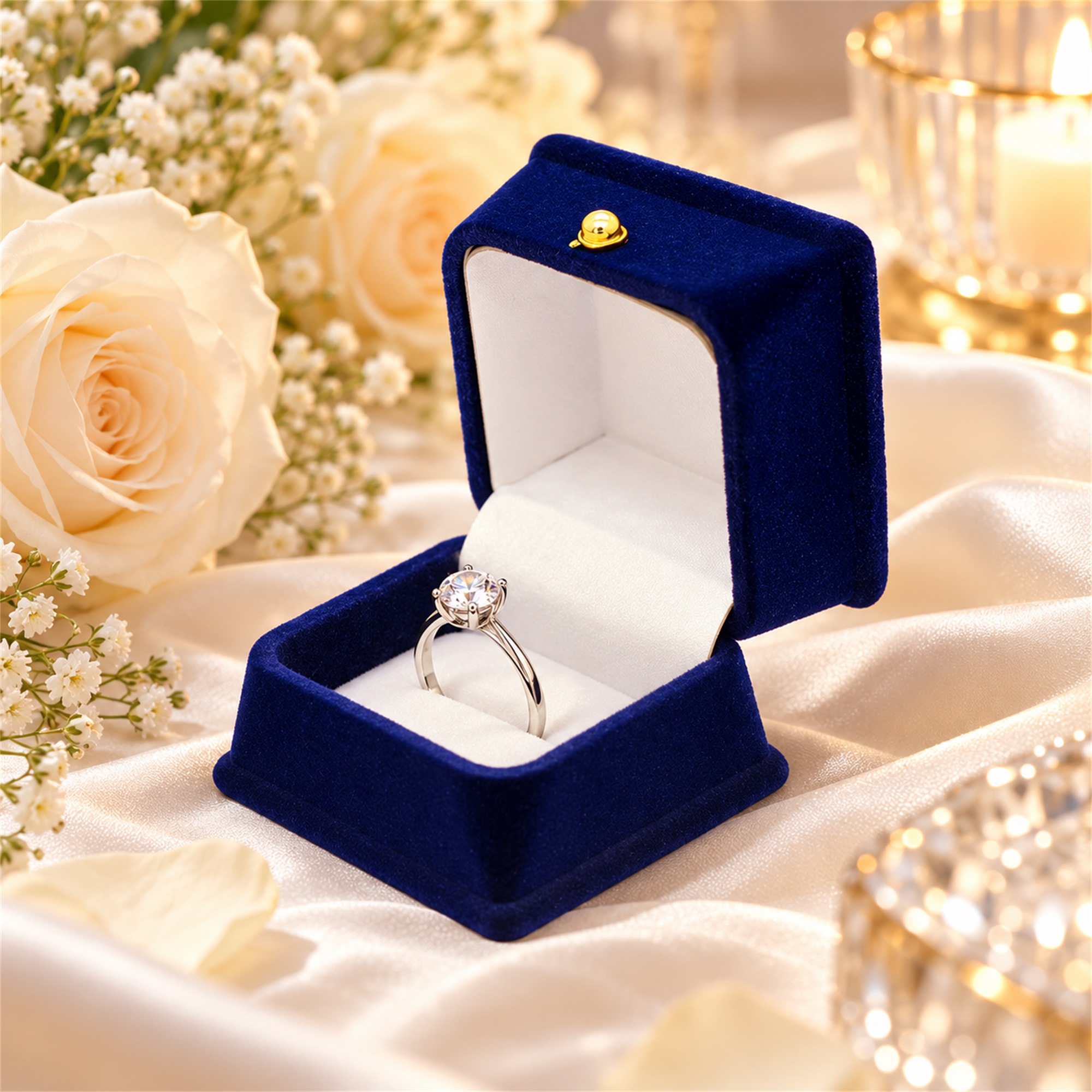 Custom Deep-Blue Flocked Ring Presentation Box With White Satin Interior product construction details
