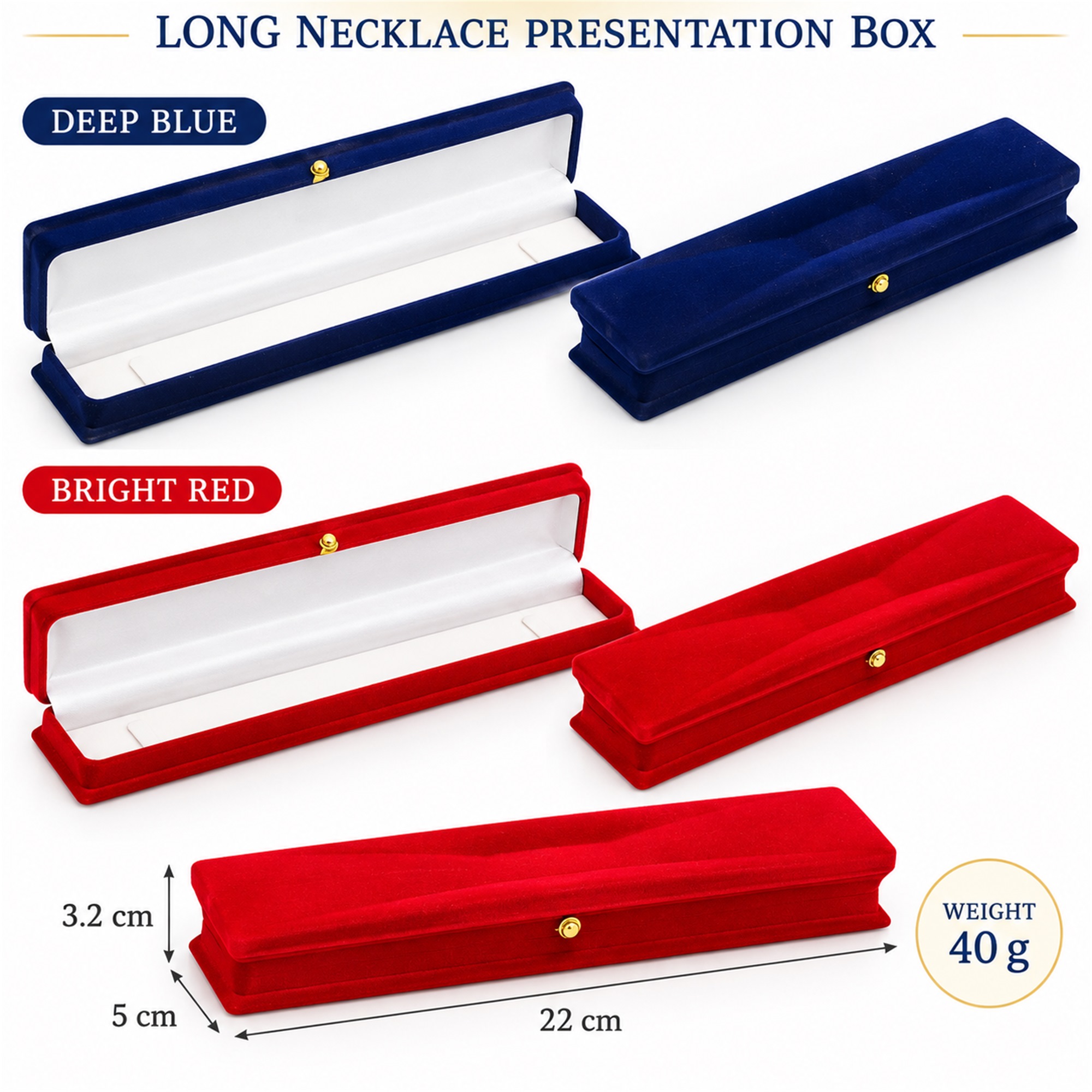 Long Bench-Shaped Velvet Flocked Necklace Presentation Box available styles and colors