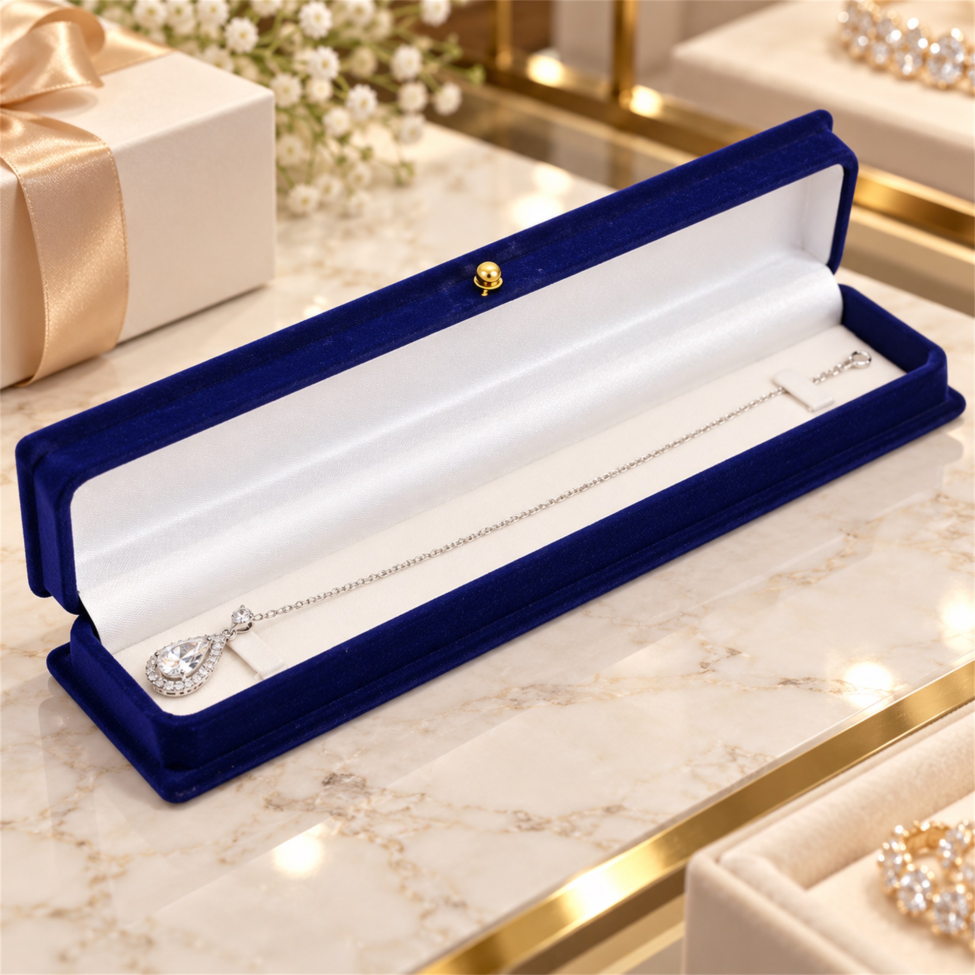 Long Bench-Shaped Velvet Flocked Necklace Presentation Box lifestyle application