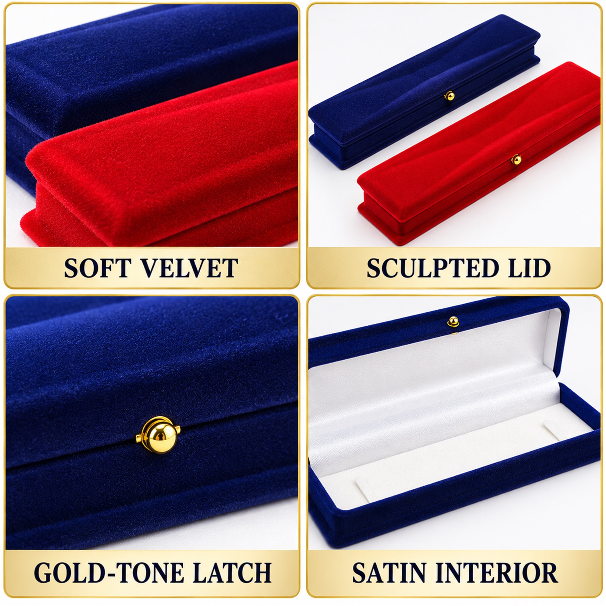 Long Bench-Shaped Velvet Flocked Necklace Presentation Box product construction details
