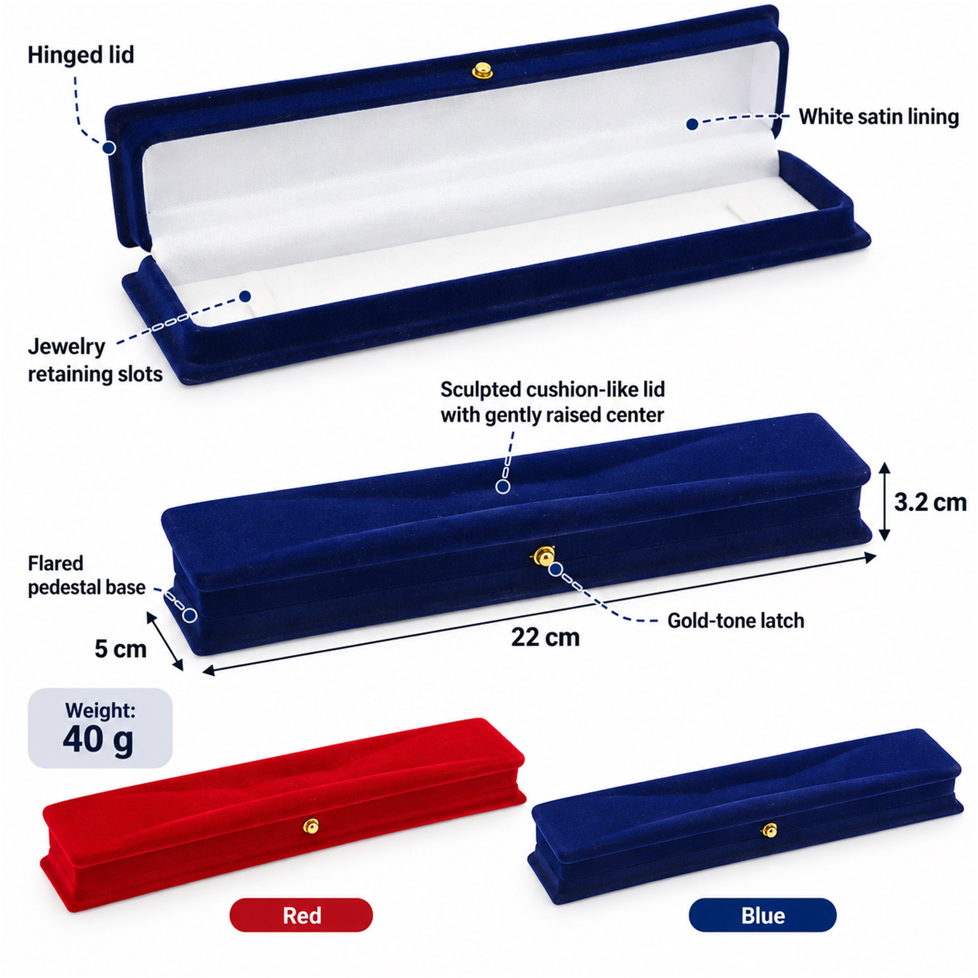 Long Bench-Shaped Velvet Flocked Necklace Presentation Box size and structure