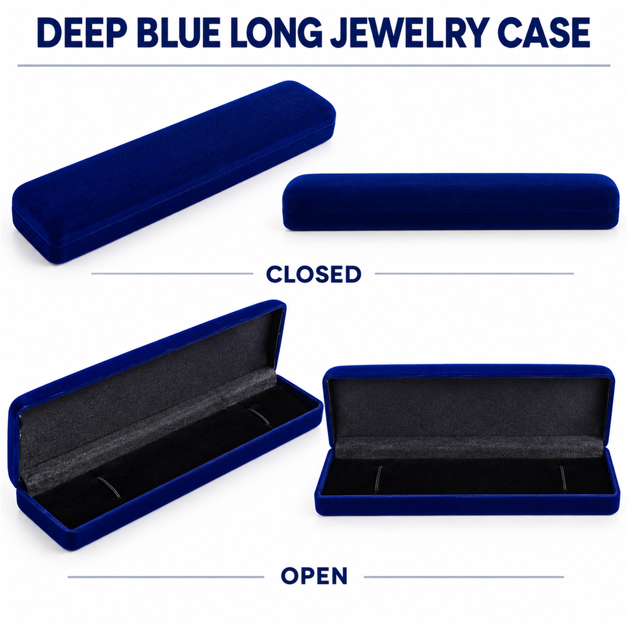 Deep-Blue Long Rectangular Velvet Flocked Jewelry Case available styles and colors