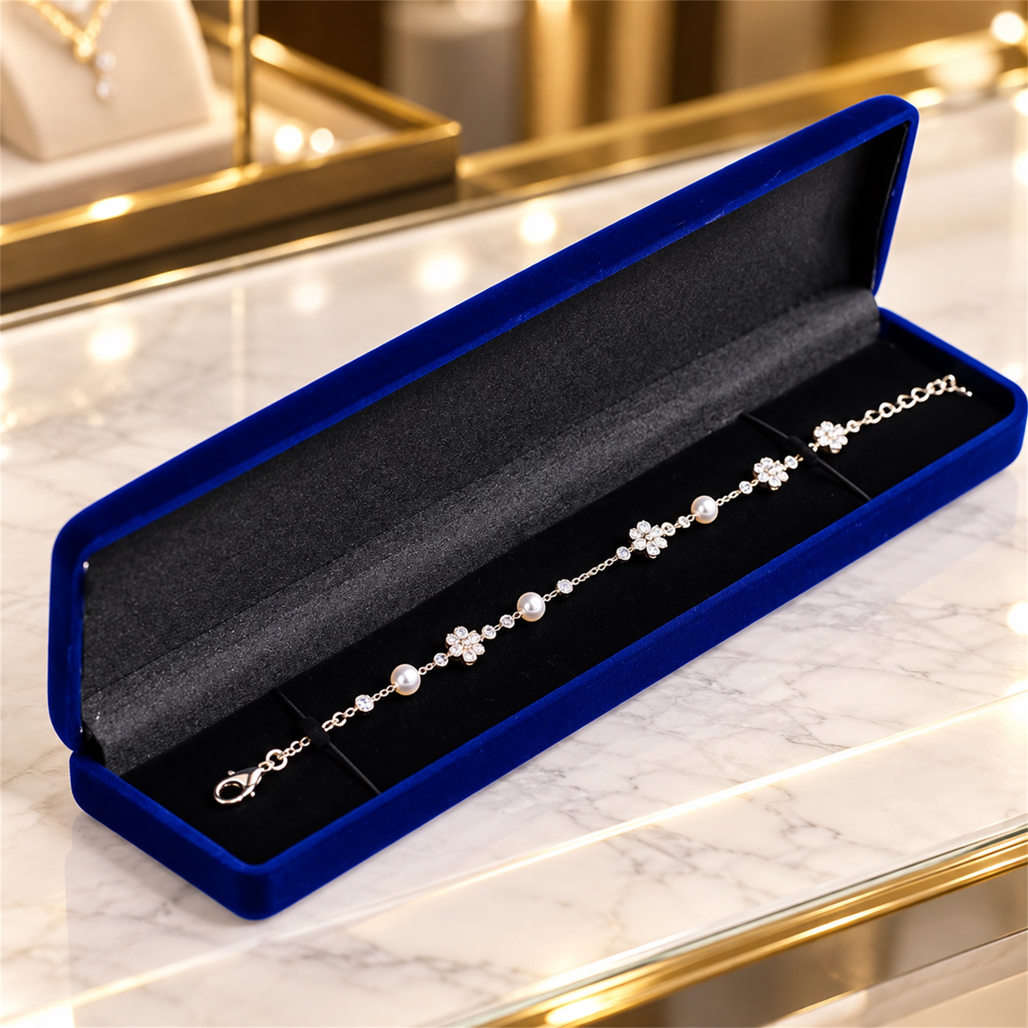 Deep-Blue Long Rectangular Velvet Flocked Jewelry Case lifestyle application
