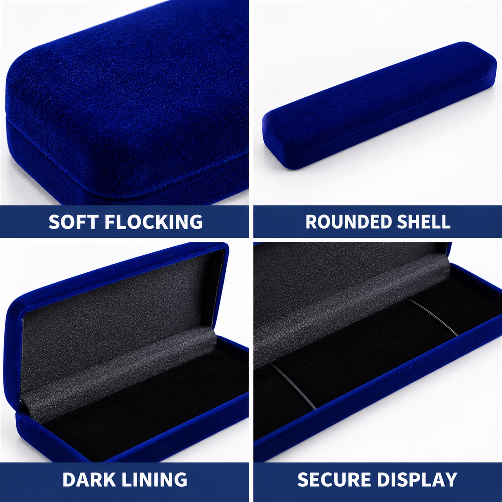 Deep-Blue Long Rectangular Velvet Flocked Jewelry Case product construction details