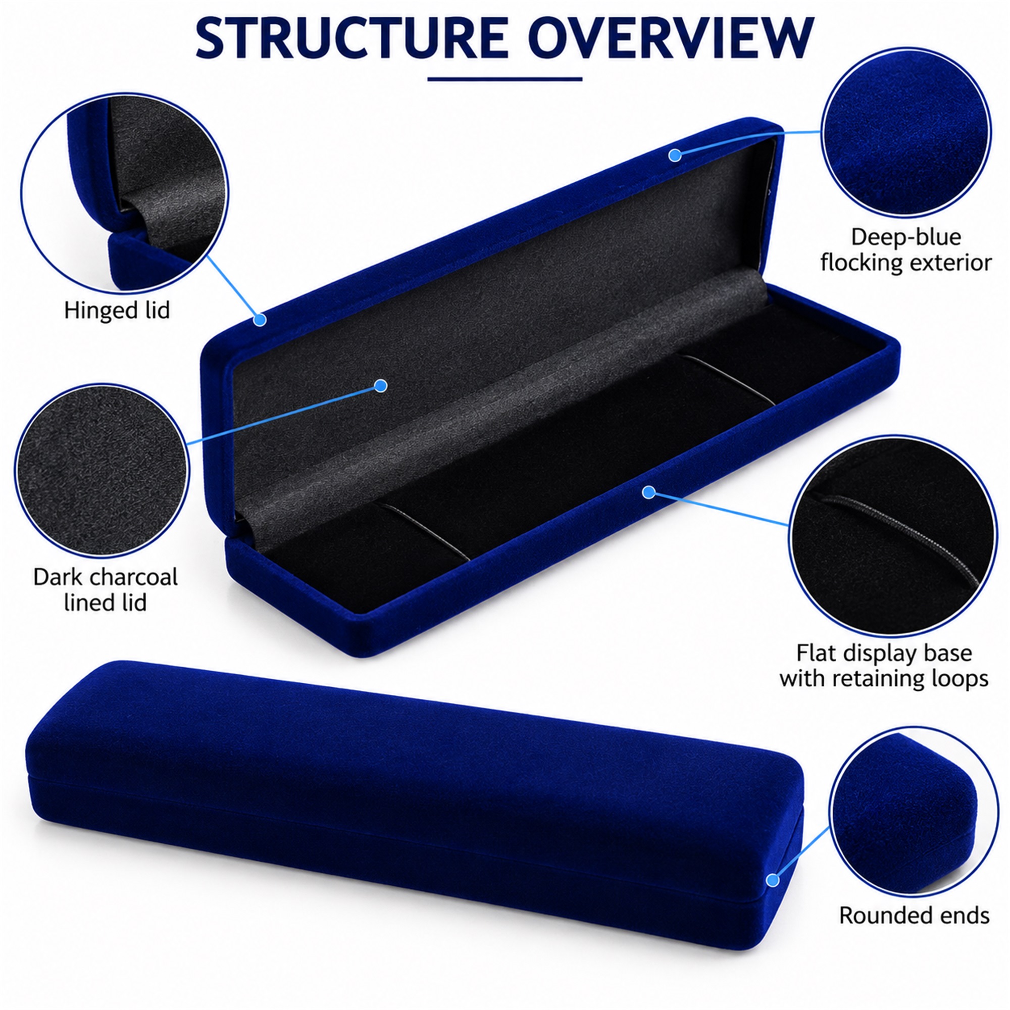 Deep-Blue Long Rectangular Velvet Flocked Jewelry Case size and structure
