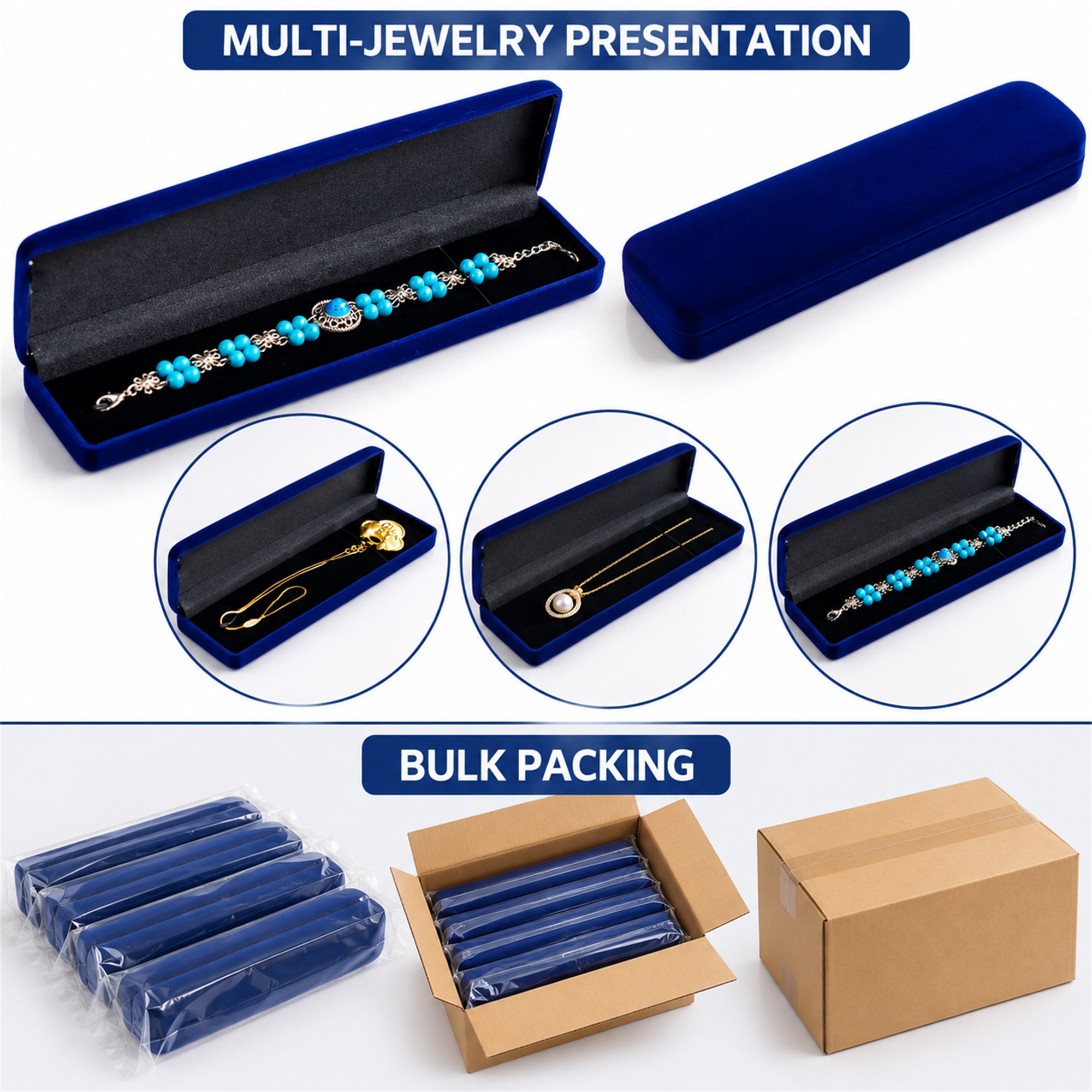 Deep-Blue Long Rectangular Velvet Flocked Jewelry Case additional product views