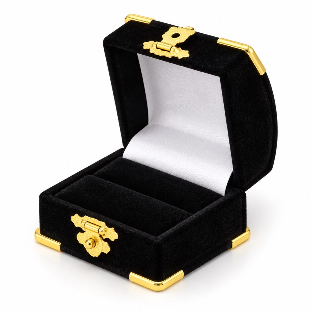Traditional Square Velvet Flocked Ring And Earring Presentation Box With Gold-Tone Corners front product view