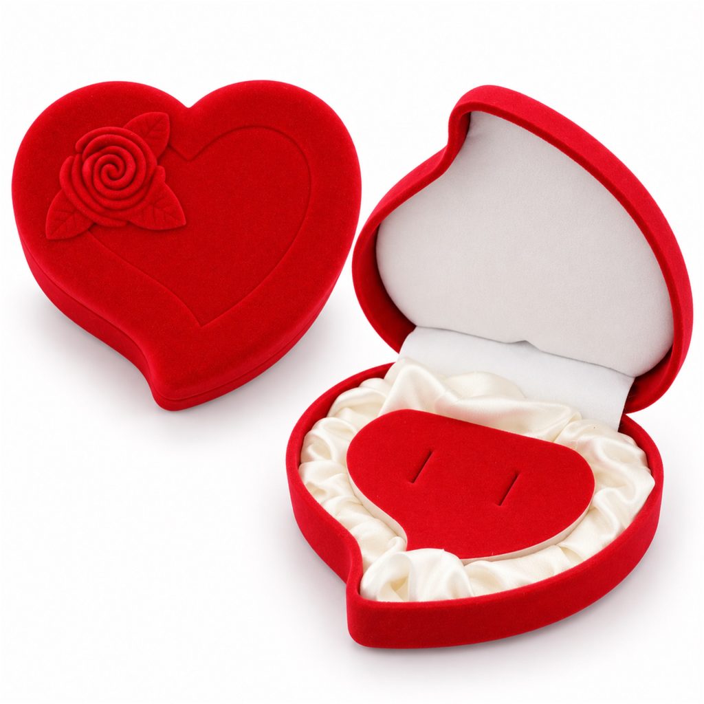 Red Asymmetric Heart Peach-Shaped Velvet Jewelry Box With Raised Rose Relief front product view