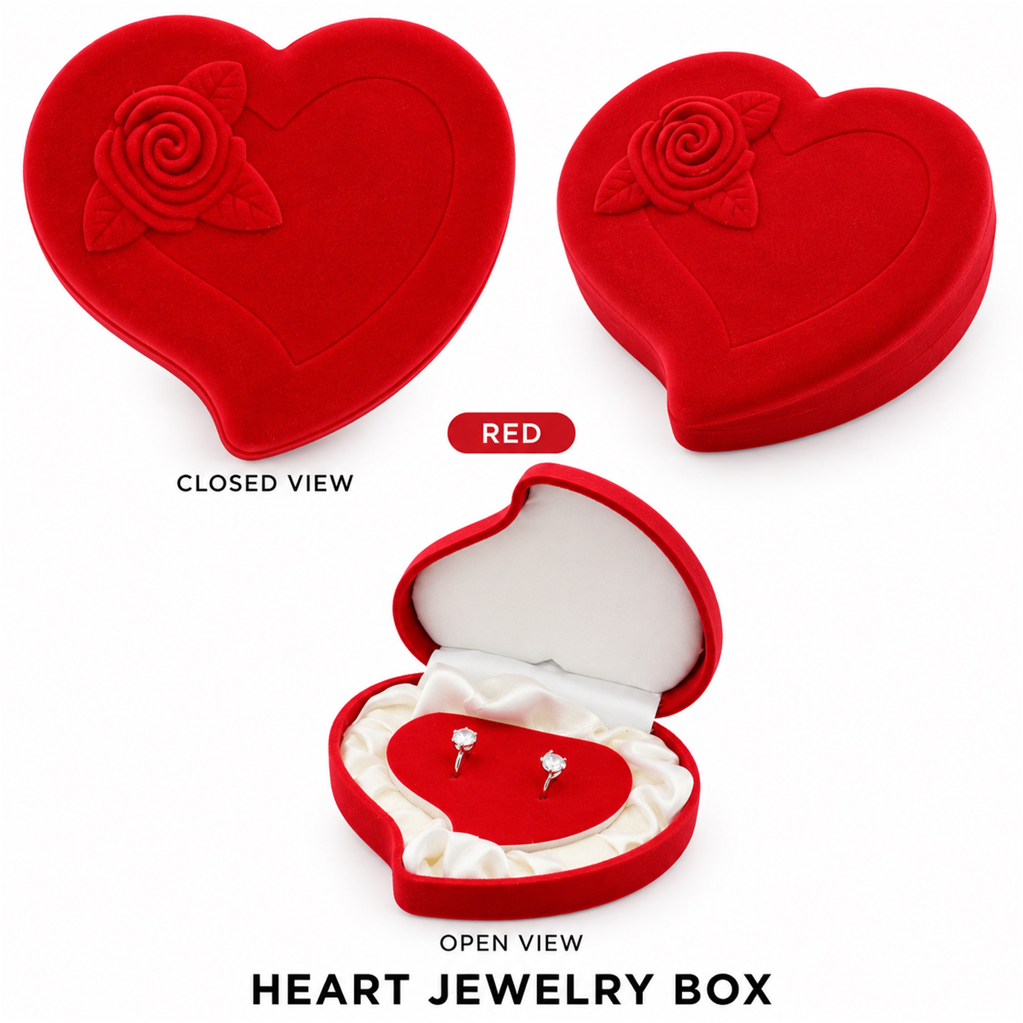 Red Asymmetric Heart Peach-Shaped Velvet Jewelry Box With Raised Rose Relief available styles and colors