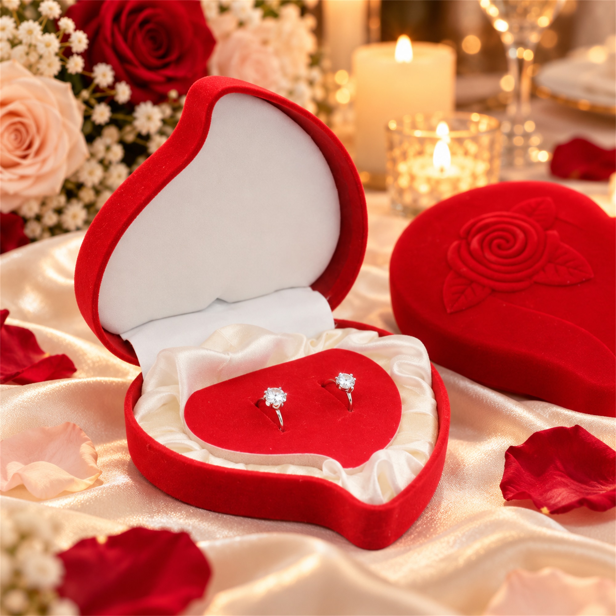 Red Asymmetric Heart Peach-Shaped Velvet Jewelry Box With Raised Rose Relief lifestyle application