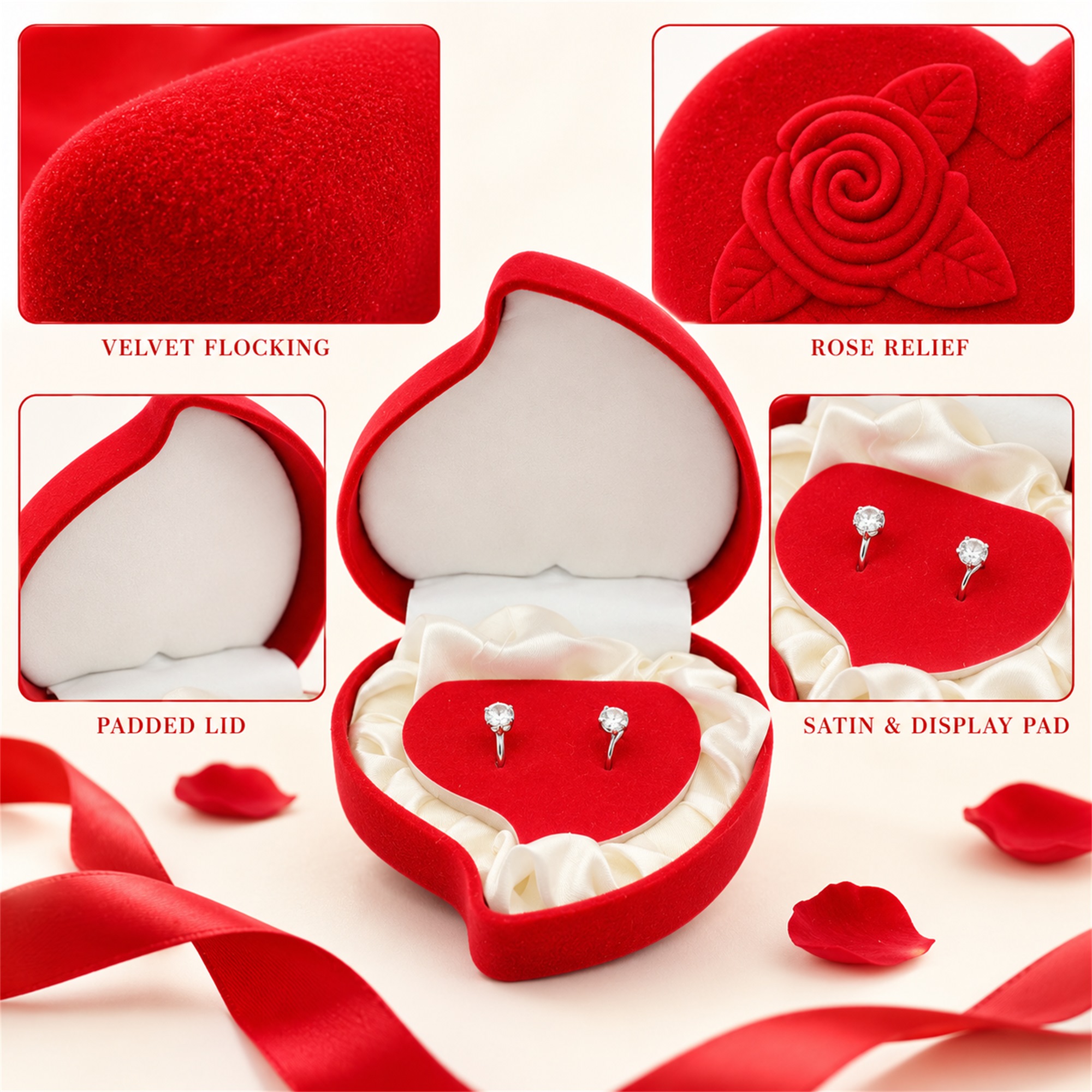 Red Asymmetric Heart Peach-Shaped Velvet Jewelry Box With Raised Rose Relief product construction details