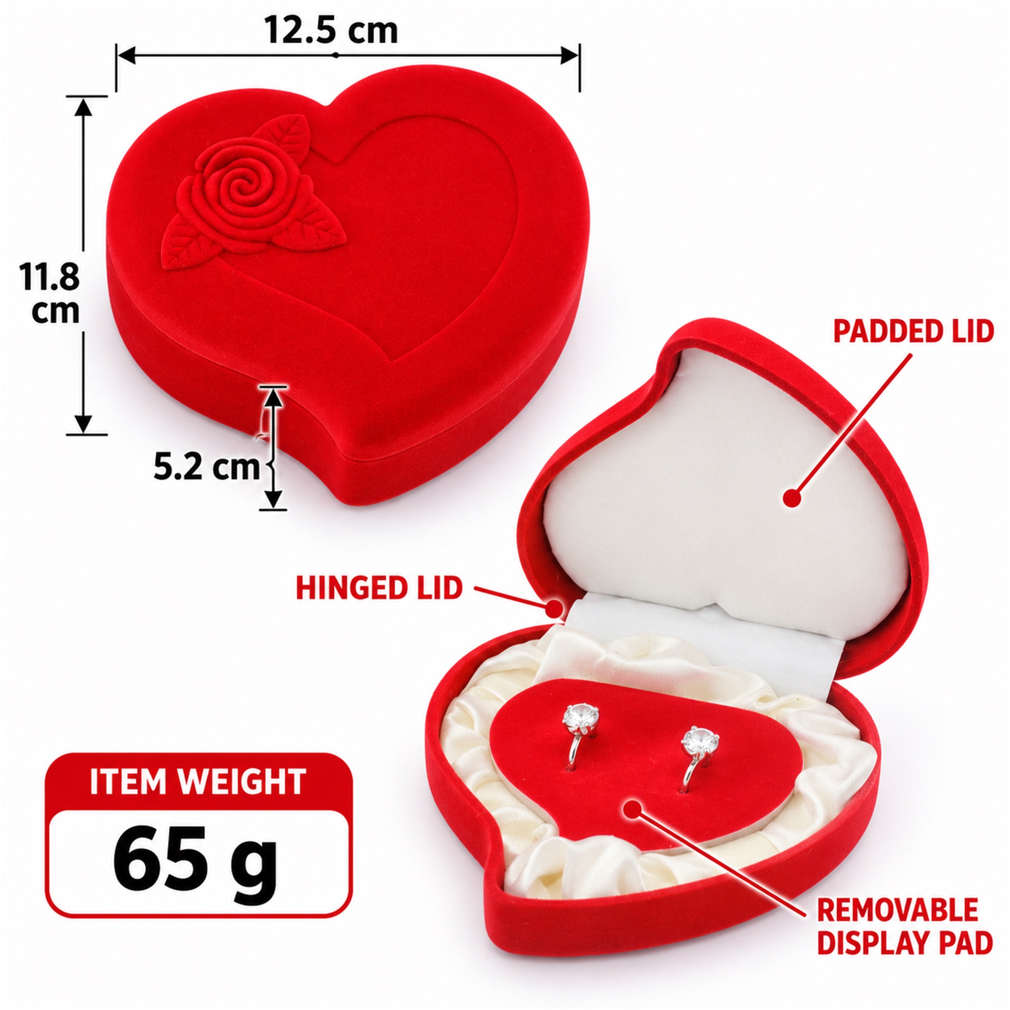 Red Asymmetric Heart Peach-Shaped Velvet Jewelry Box With Raised Rose Relief size and structure
