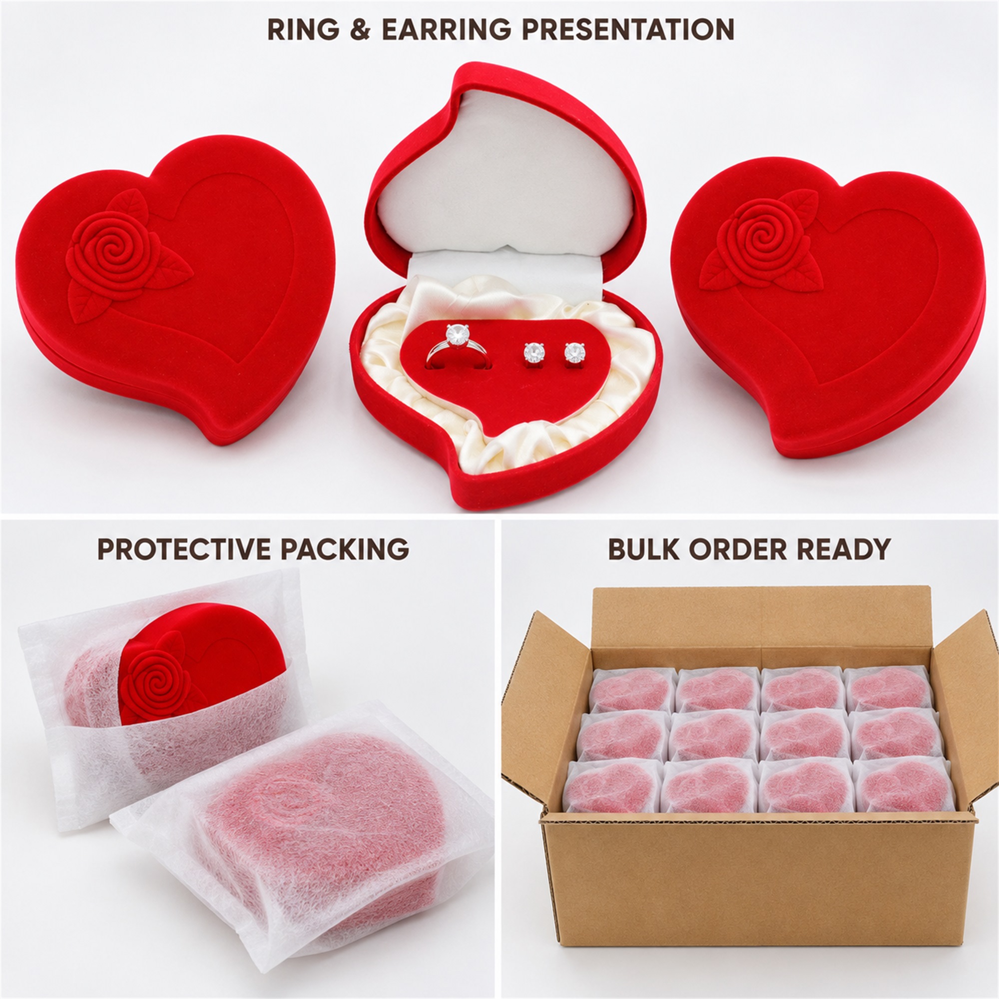 Red Asymmetric Heart Peach-Shaped Velvet Jewelry Box With Raised Rose Relief additional product views