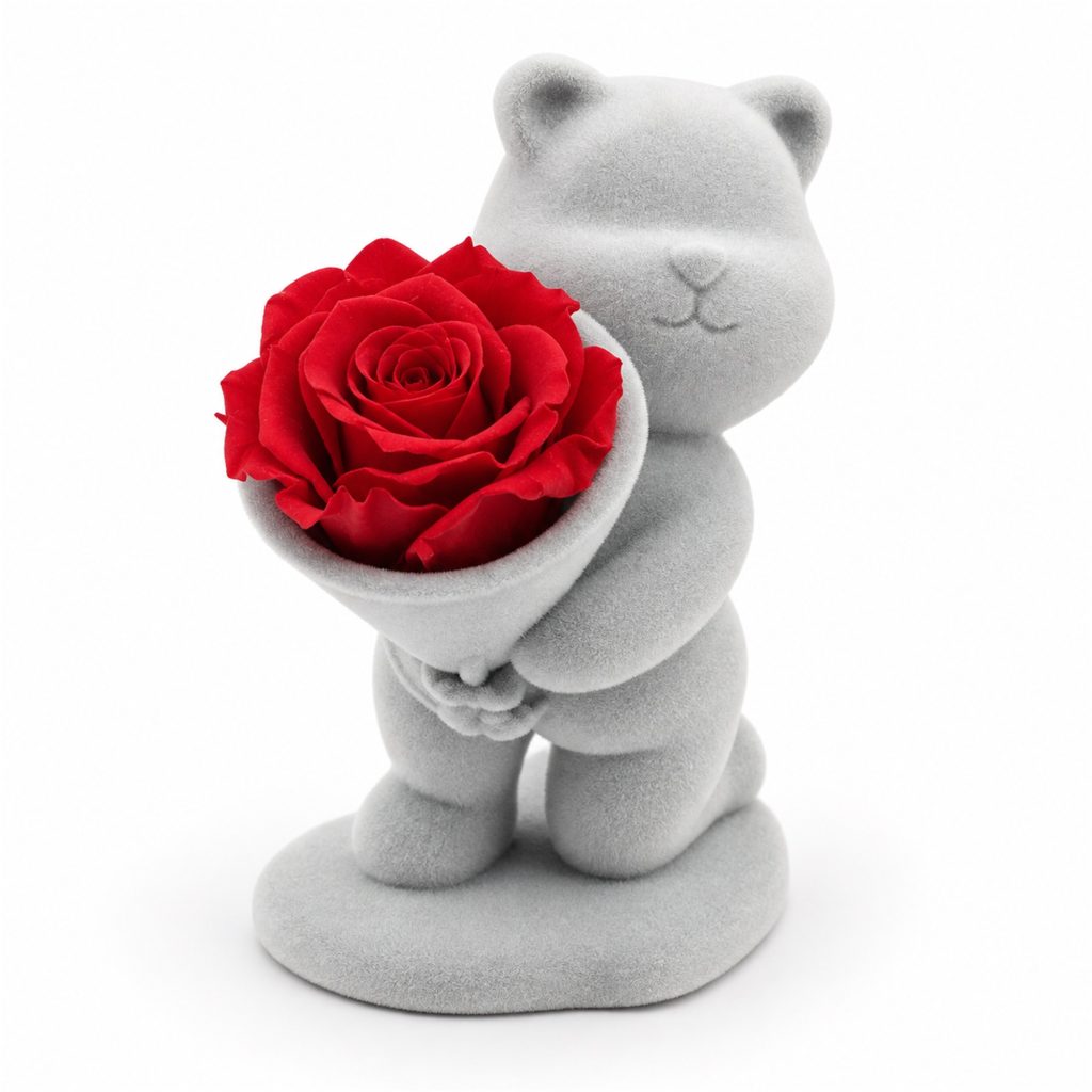 Gray Flocked Kneeling Teddy Bear Gift Figurine With One Red Preserved-Style Rose Jewelry Box front product view