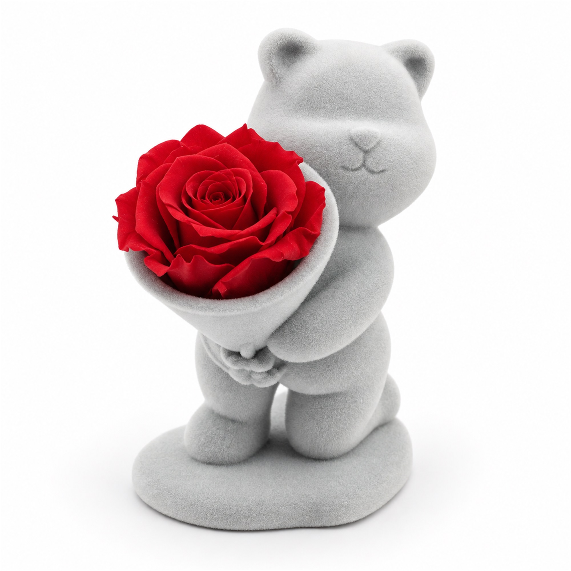 Gray Flocked Kneeling Teddy Bear Gift Figurine With One Red Preserved-Style Rose Jewelry Box front product view