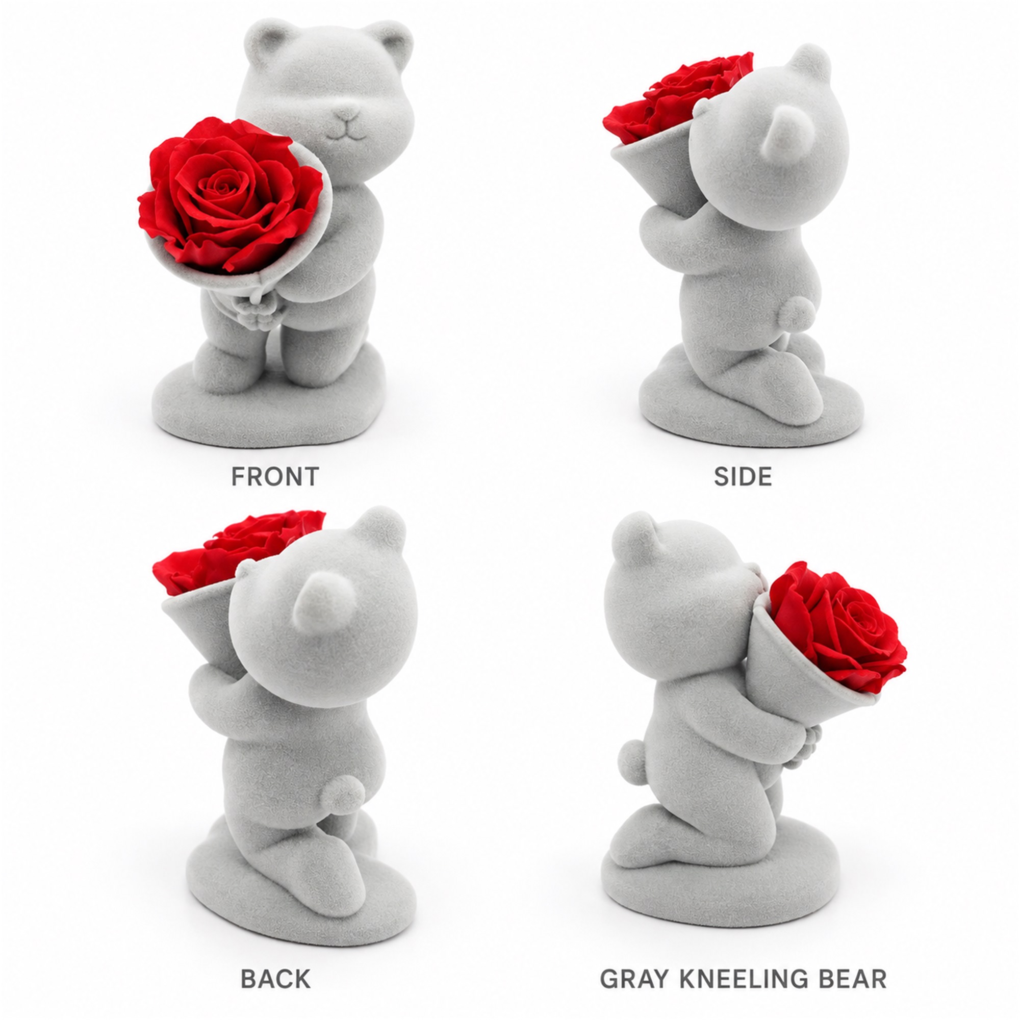 Gray Flocked Kneeling Teddy Bear Gift Figurine With One Red Preserved-Style Rose Jewelry Box available styles and colors