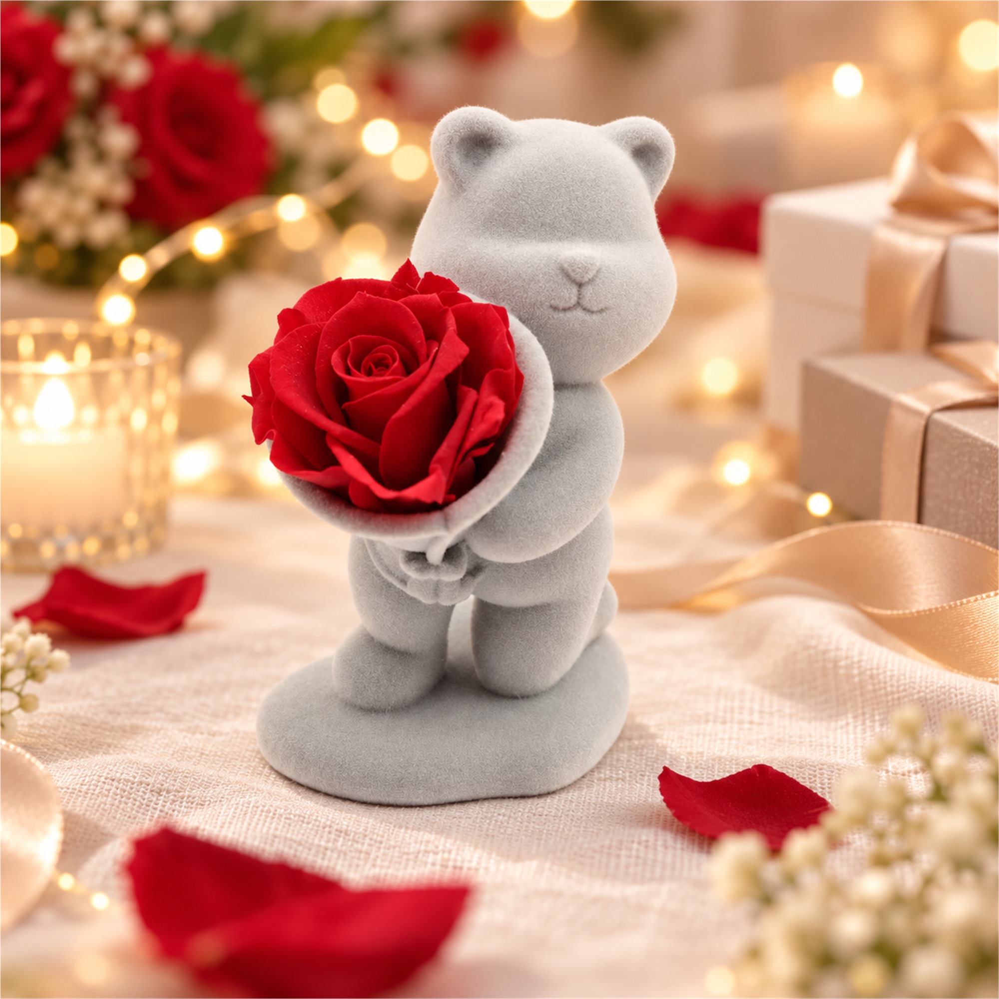 Gray Flocked Kneeling Teddy Bear Gift Figurine With One Red Preserved-Style Rose Jewelry Box lifestyle application
